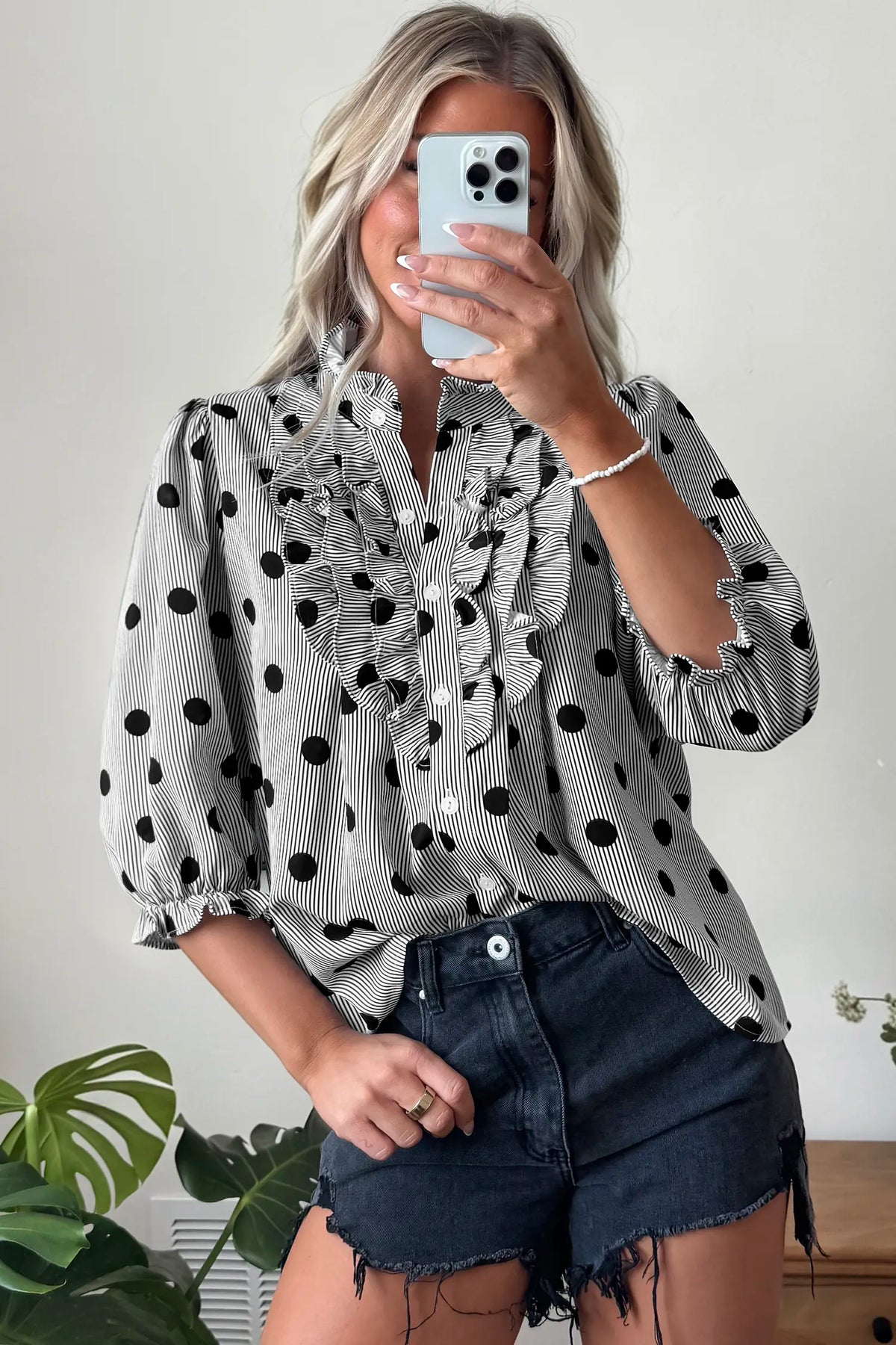 Polka Dot Striped Print Ruffle Stand Neck 3/4 Sleeve Shift Shirt – Black White