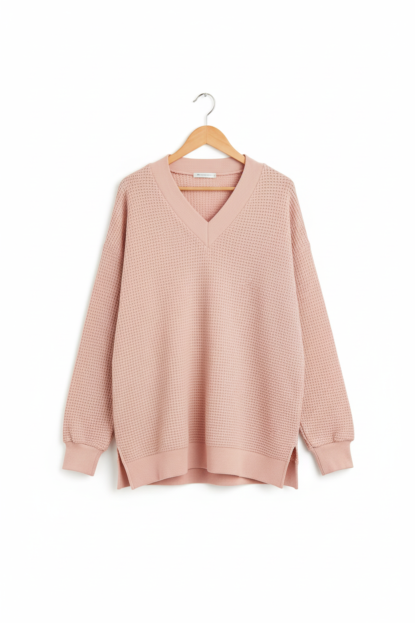 V-Neck Relaxed Long Sleeve Waffle Top - eAura