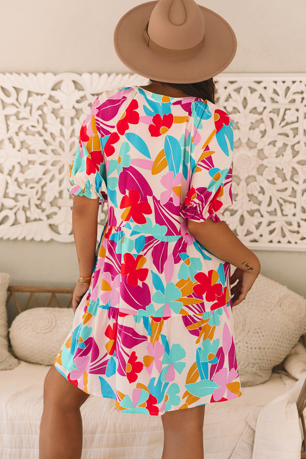 Rose Red Floral Bubble Sleeve V Neck Tiered Ruffle Babydoll Dress eAura