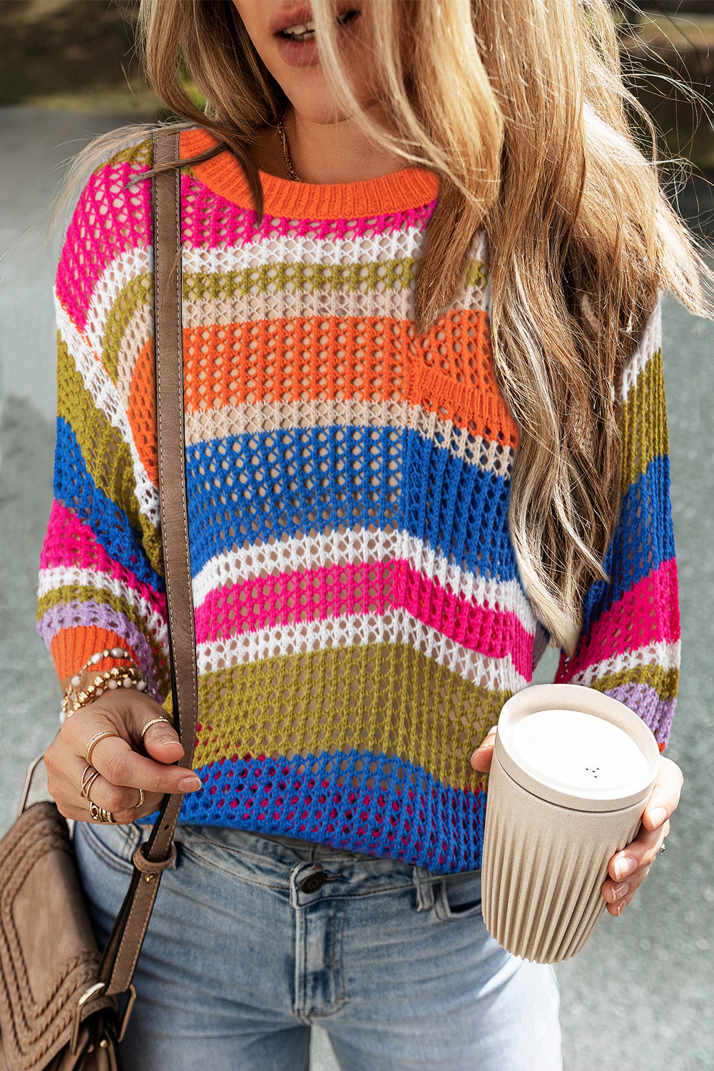 Pink Stripe Colourblock Hollowed Crochet 3/4 Sleeve Sweater eAura