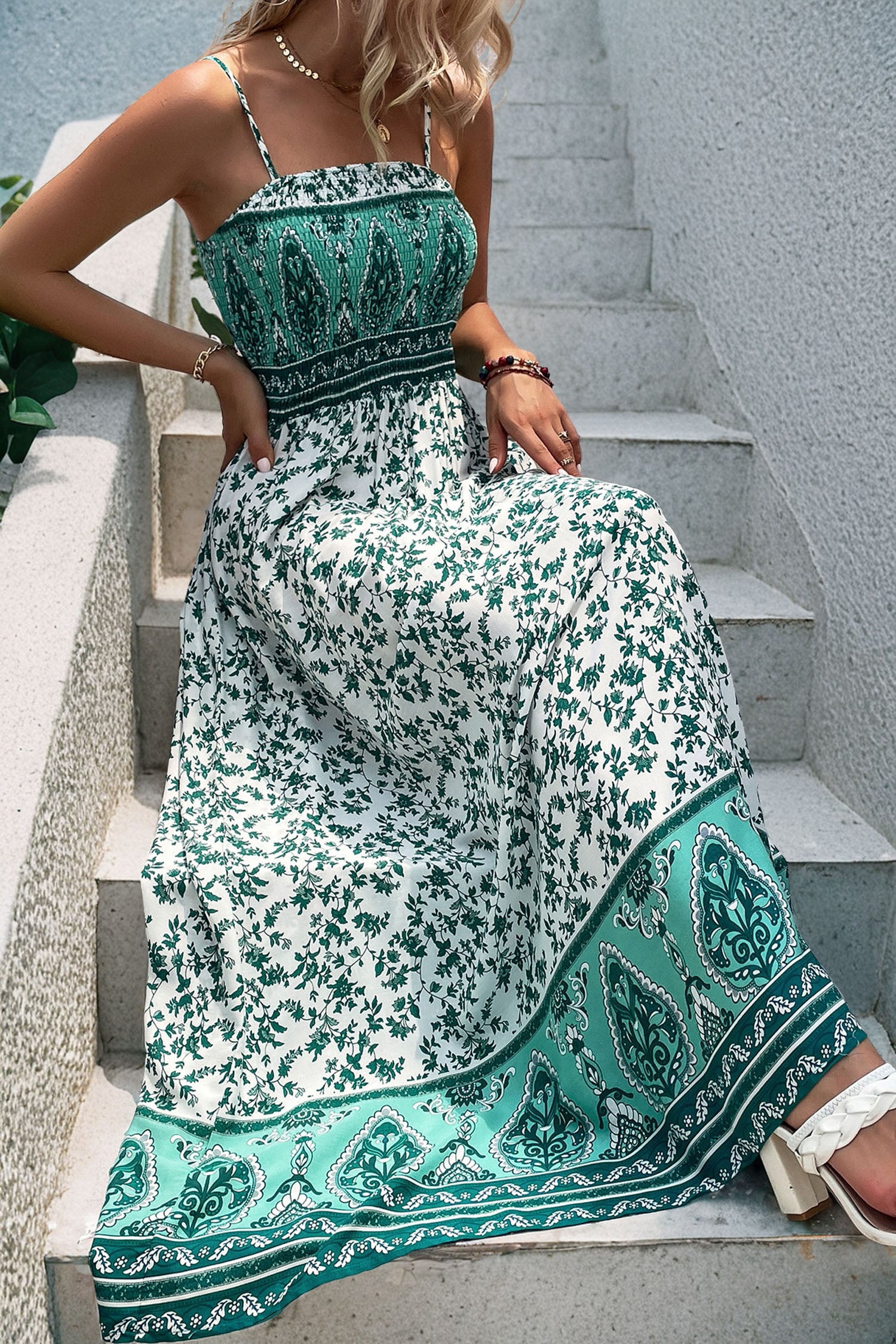 Green Boho Floral Print Shirred Cami Maxi Dress