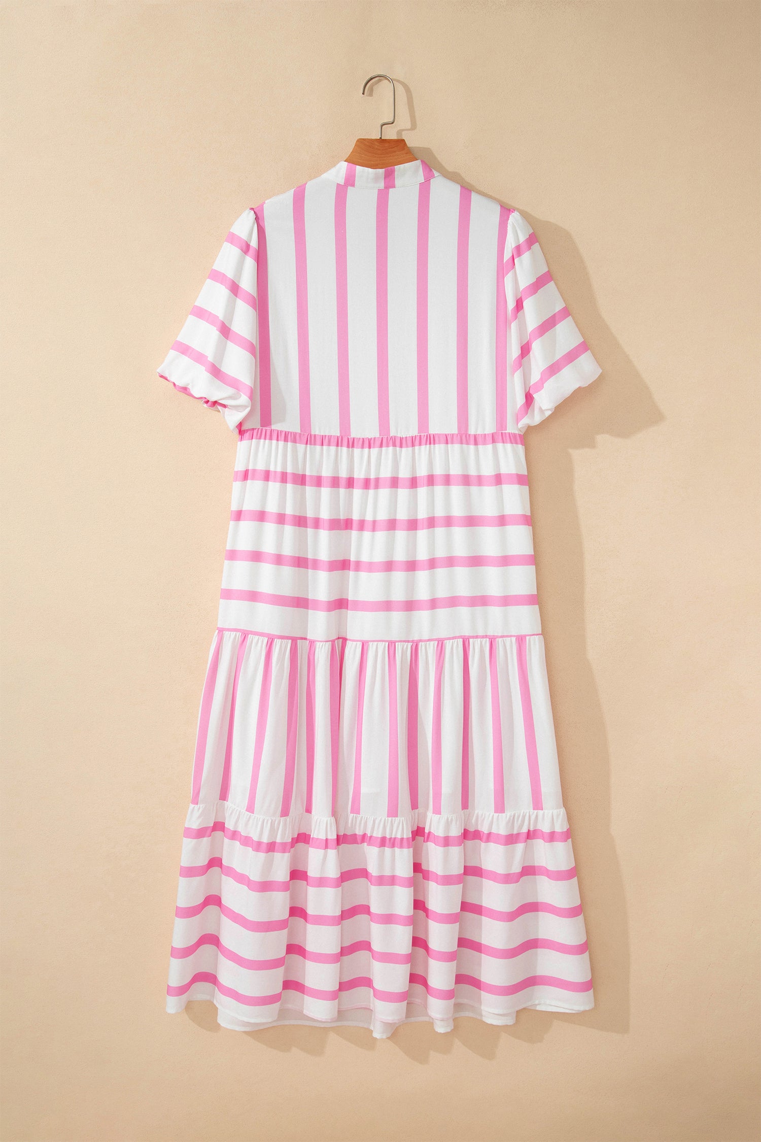 Stripe Plus Size V-Neck Short Puff Sleeve Tiered Maxi Dress