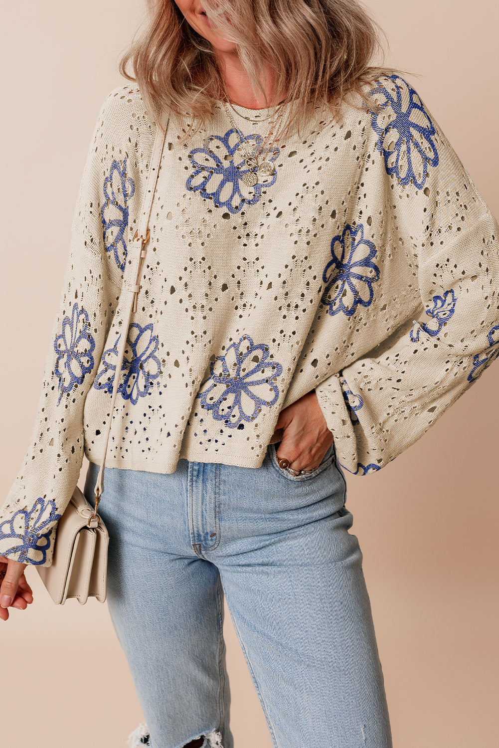 Beige Contrast Flower Print Eyelet Drop Shoulder Sweater eAura