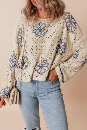 Beige Contrast Flower Print Eyelet Drop Shoulder Sweater eAura