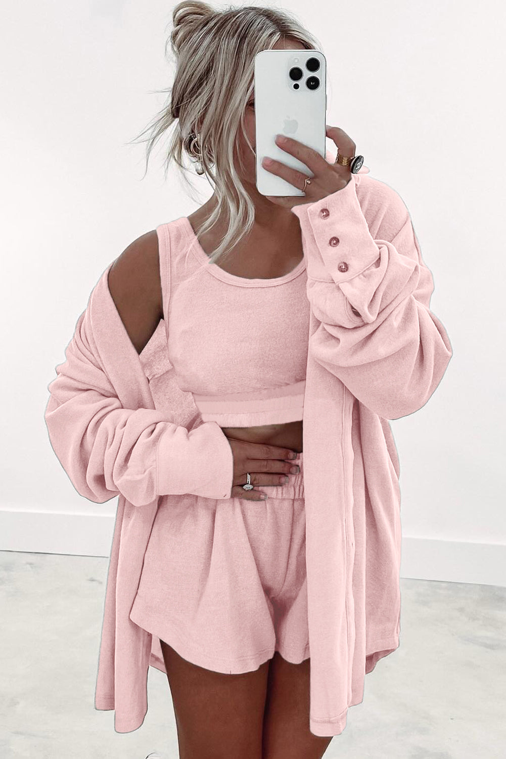 Light Pink 3 Pcs Crop Tank Top Shorts with Cardigan Lounge Set eAura