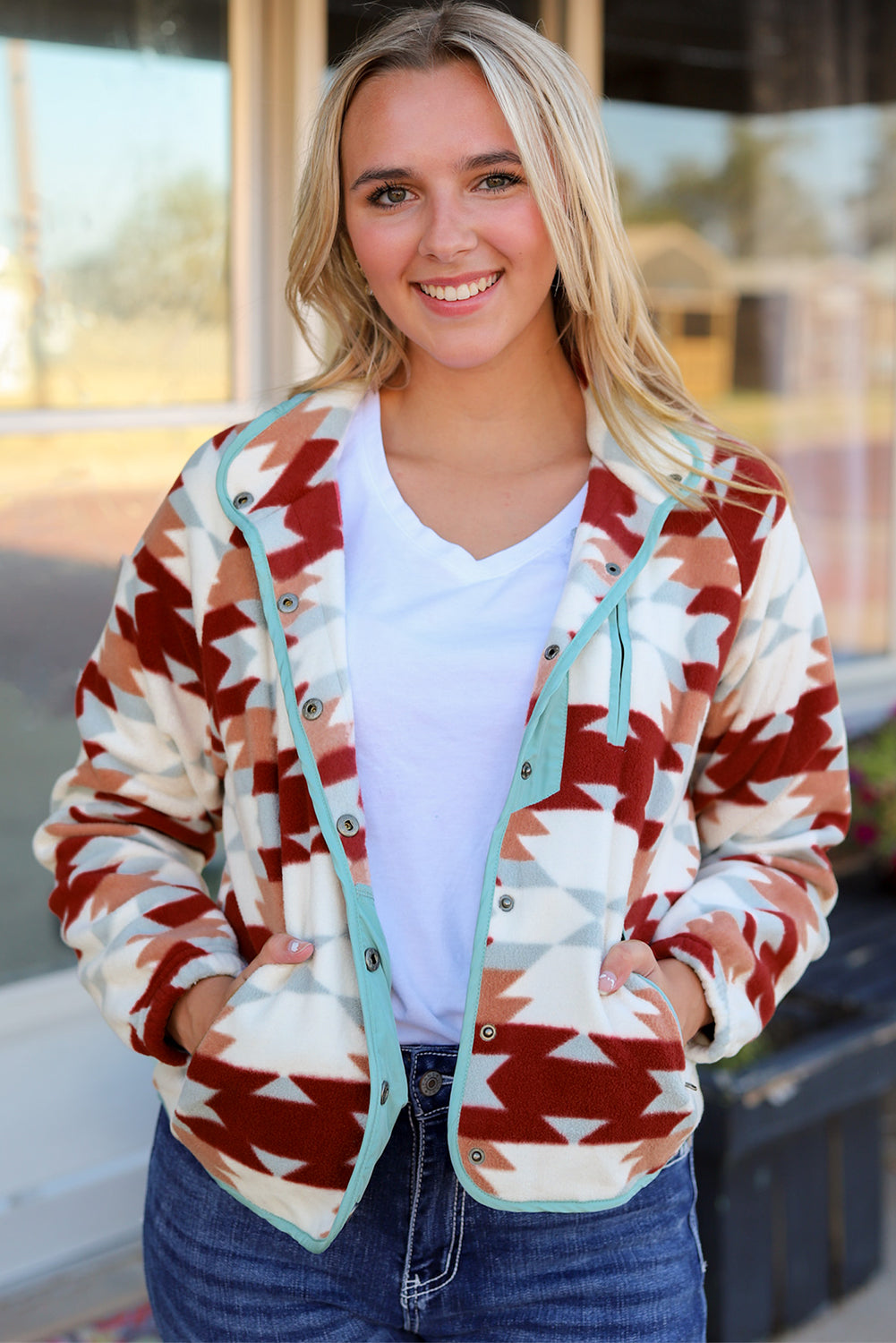 Fiery Red Western Aztec Buttoned Zipper Pockets Fleece Jacket eAura