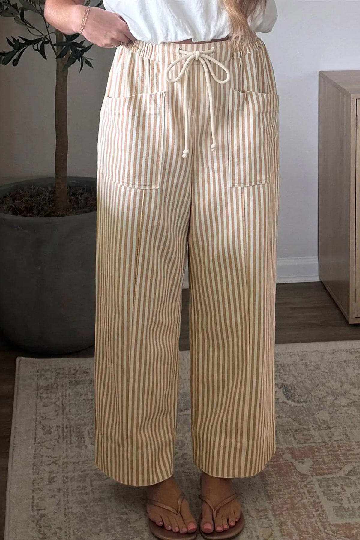 Ribbon Drawstring Waist Full-Length Shift Pant – Apricot Stripe