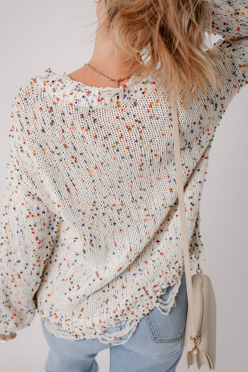 White Colourful Confetti Distressed Knit Sweater eAura