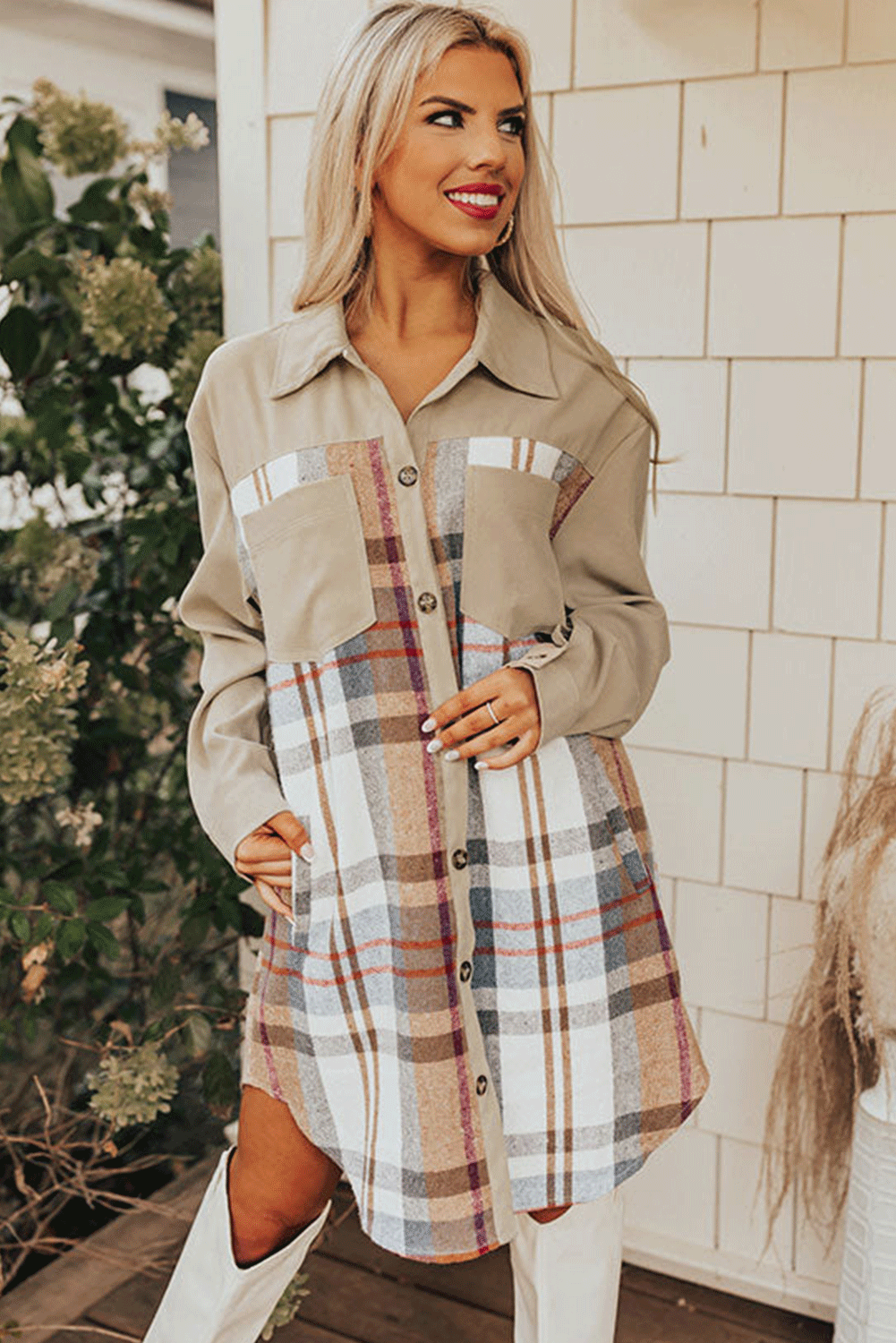 Khaki Plaid Patchwork Long Sleeve Shirt Mini Dress eAura