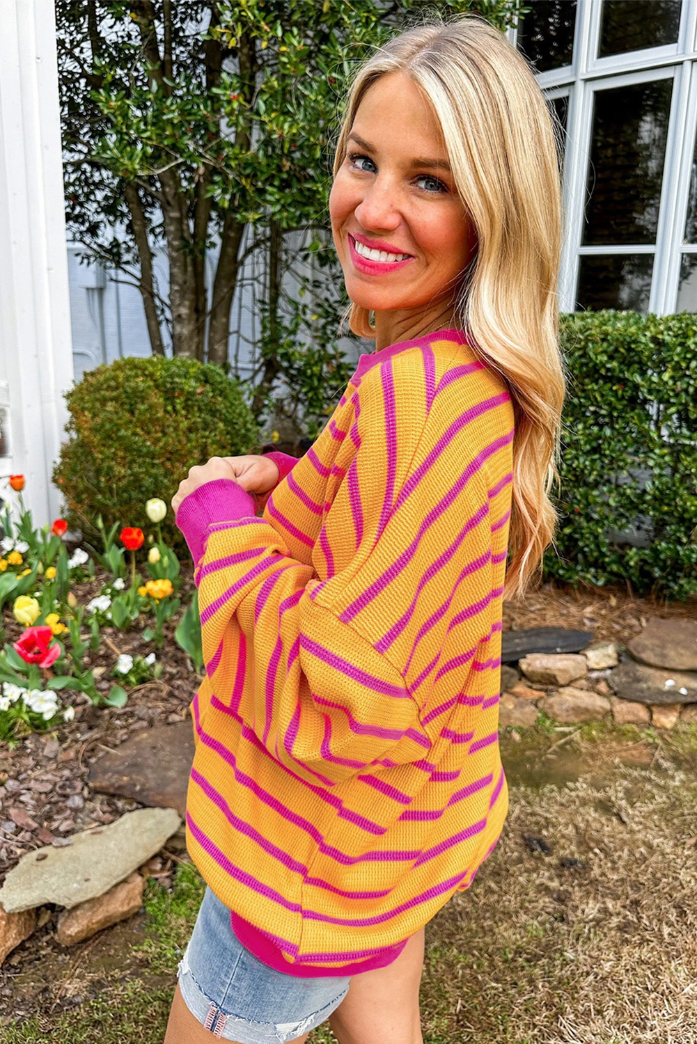Orange Stripe Trimmed Round Neck Drop Shoulder Loose Sweater eAura