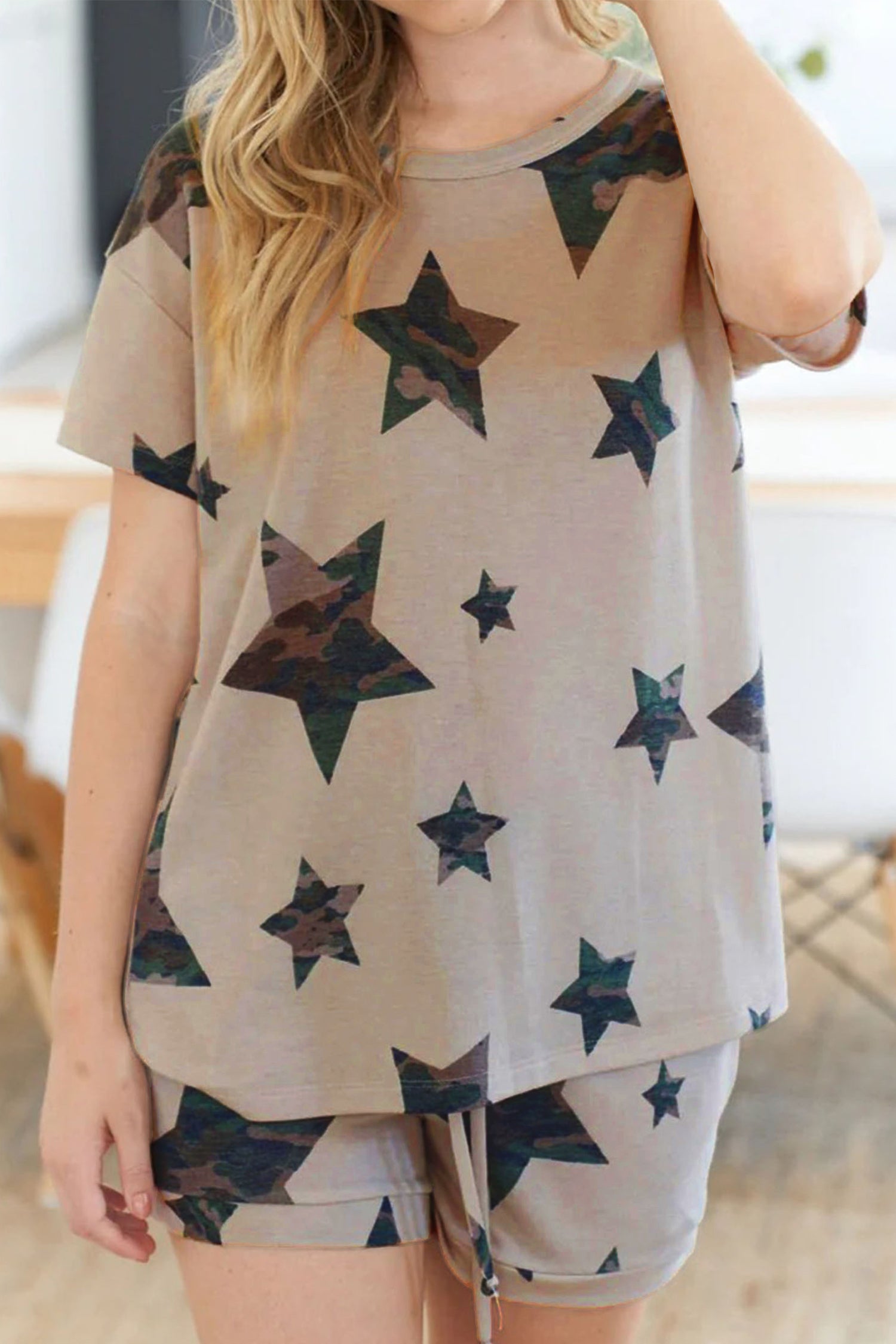 Camo Star Print Short Lounge Set – Khaki