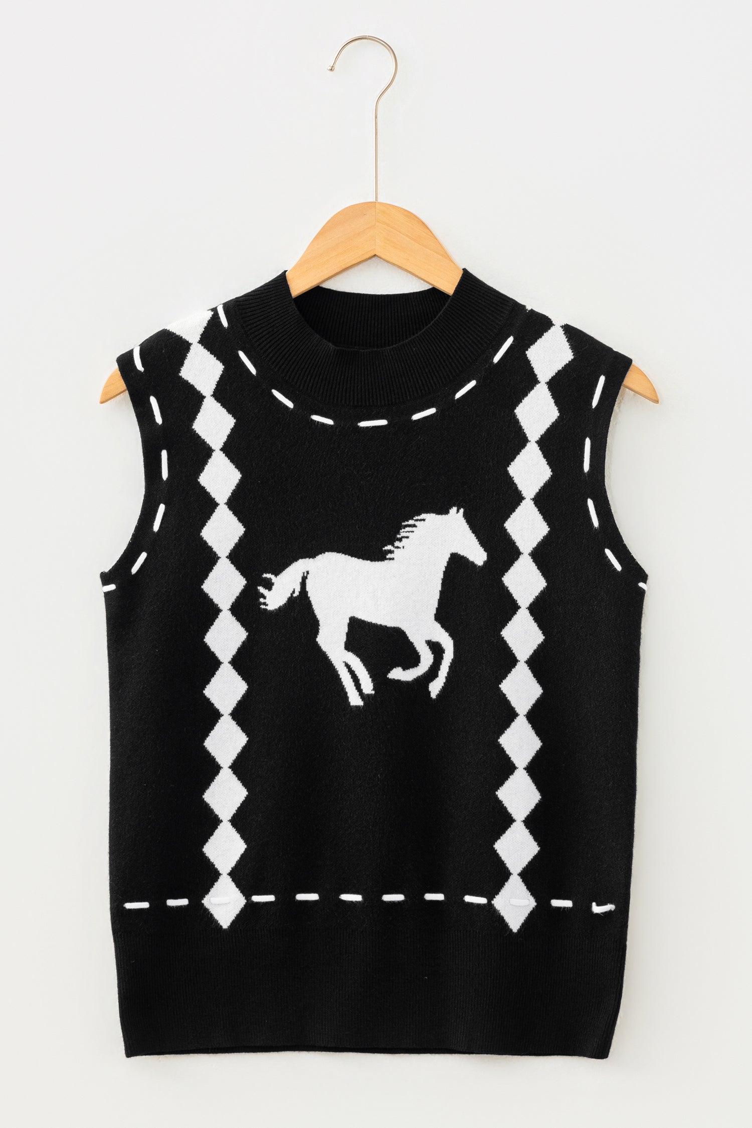 Western Horse Geometric Print Mock Neck Sweater Vest – Black