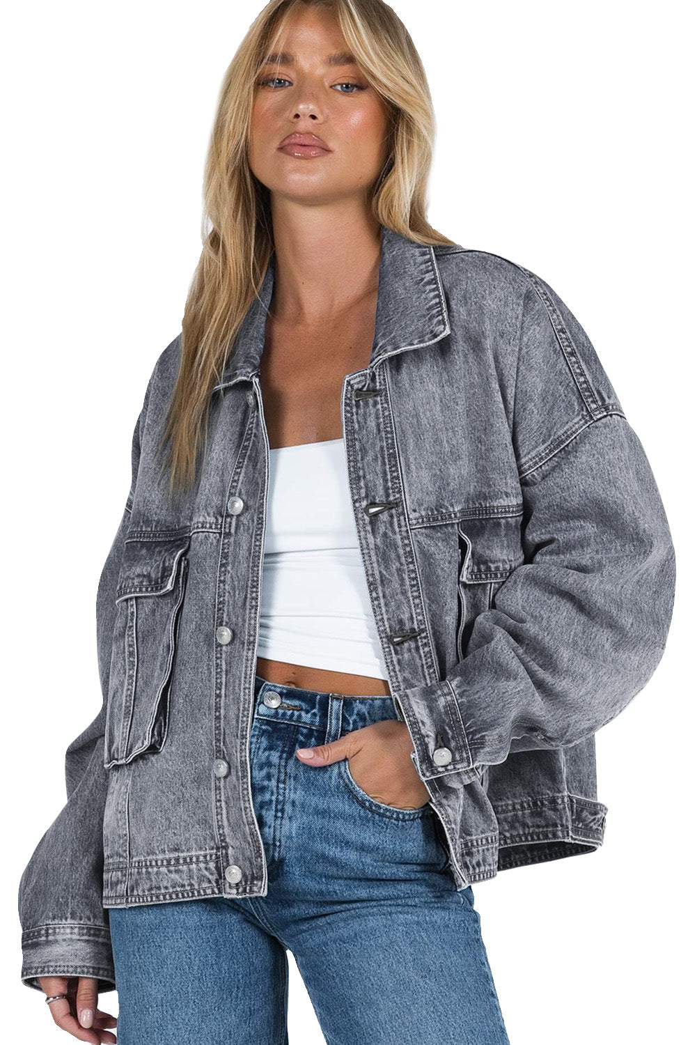 Grey Chest Pockets Drop Shoulder Loose Denim Jacket Beagle Boutique Fashion Outlet