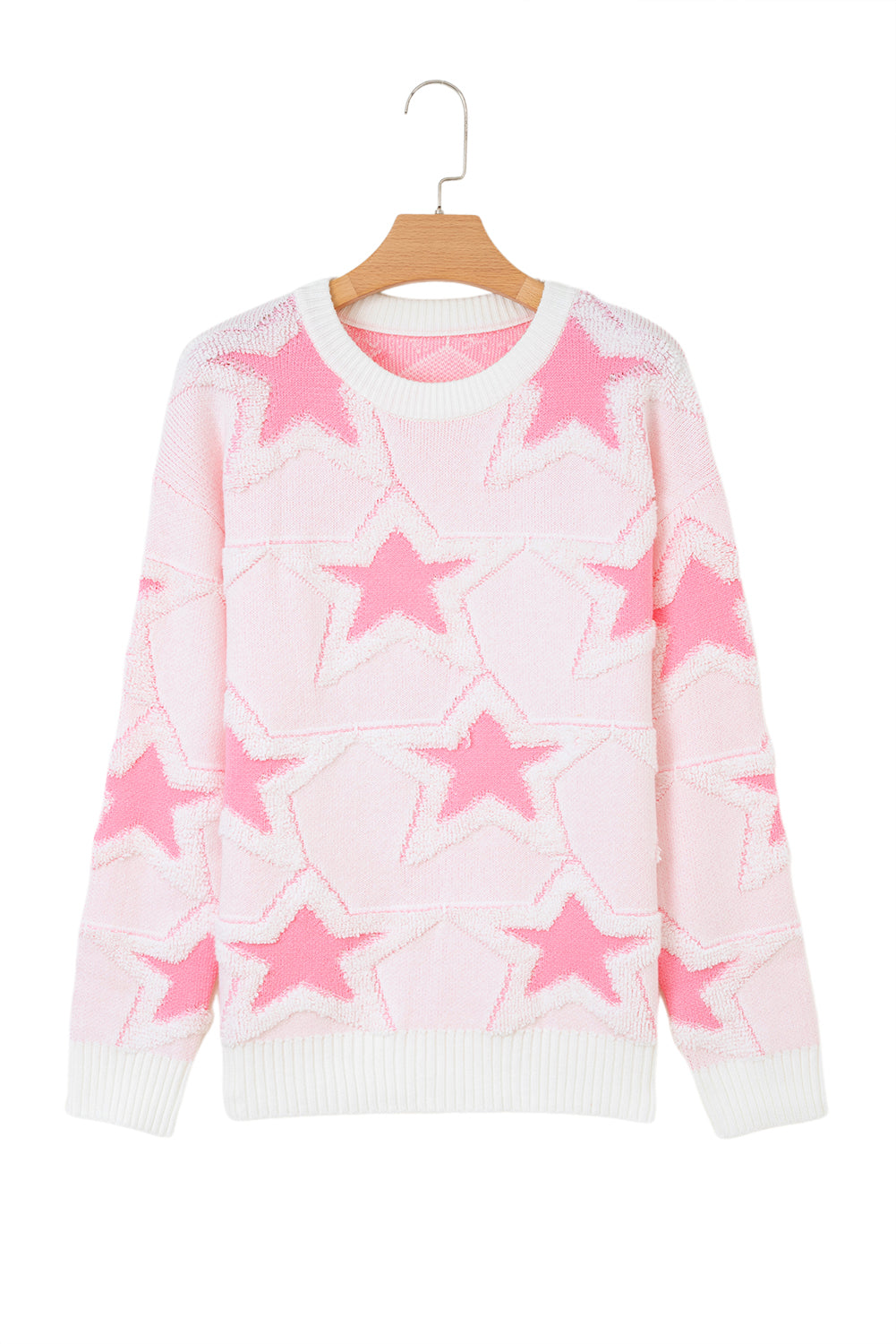 Pink Oversized Cute Star Pattern Ribbed Edge Drop Shoulder Sweater - eAura