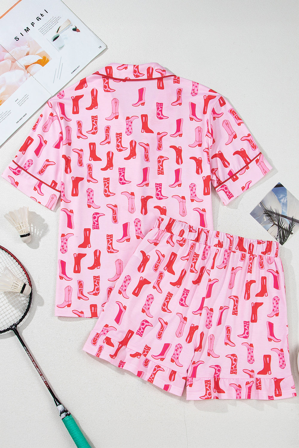 Pink Western Cowgirl Boots Printed Shirt Ruffled Shorts Pyjama Set eAura