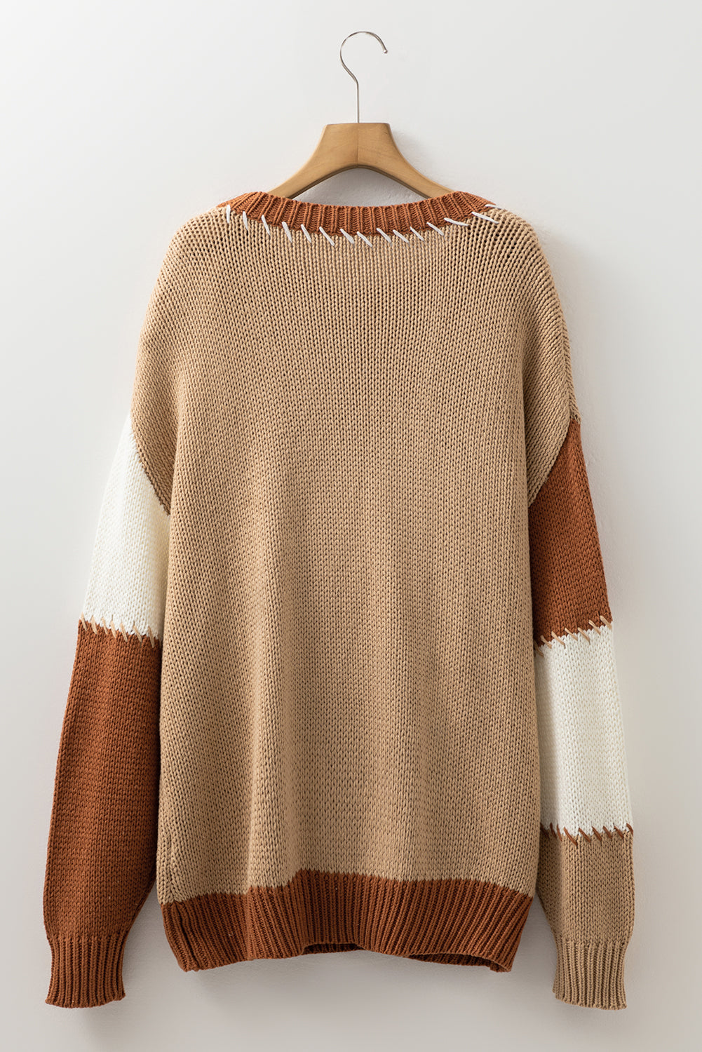 Light French Beige Contrast Stitch Detail Knit Plus Size Sweater eAura
