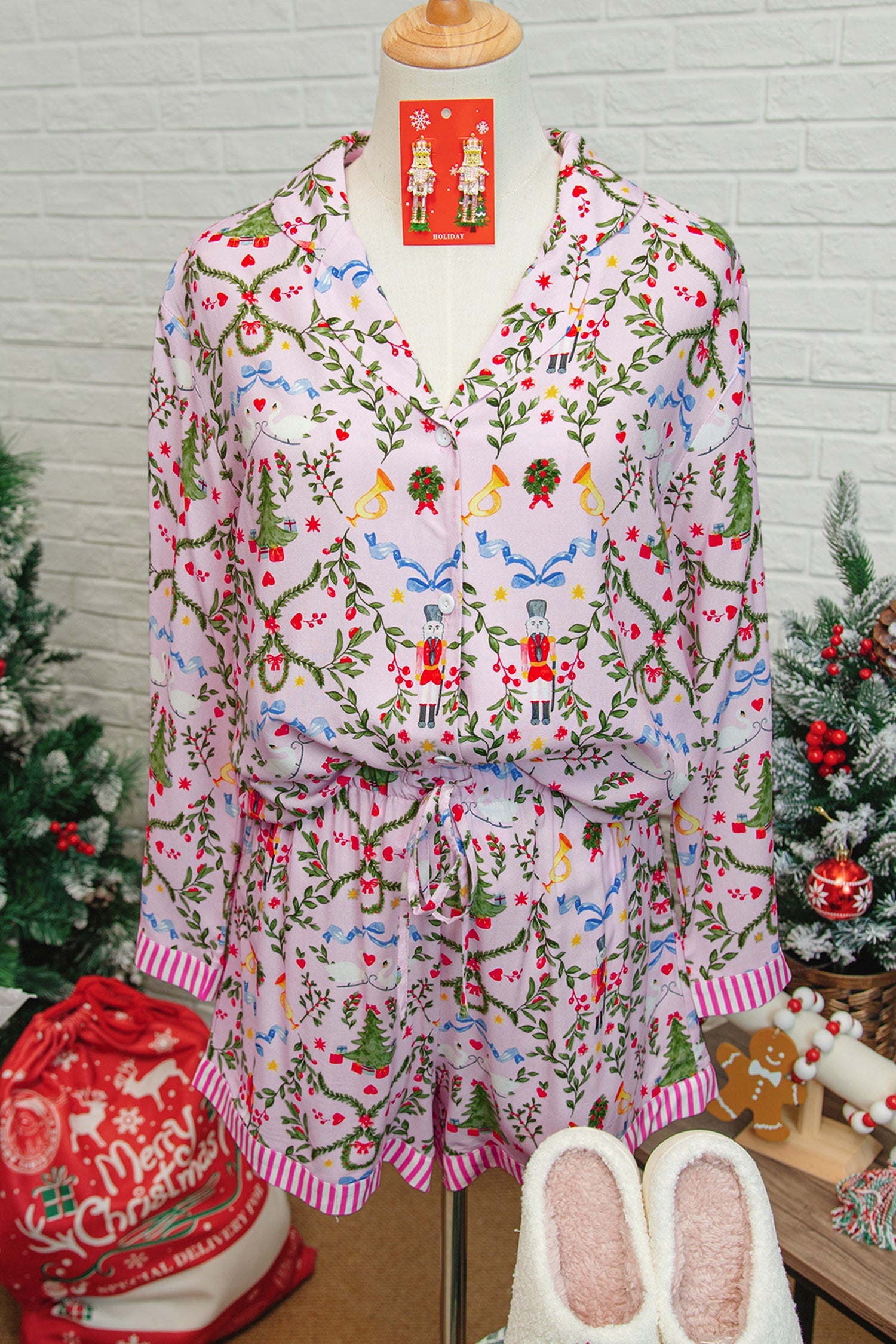 Christmas Print Nutcracker Long Sleeve and Shorts Pyjama Set - eAura