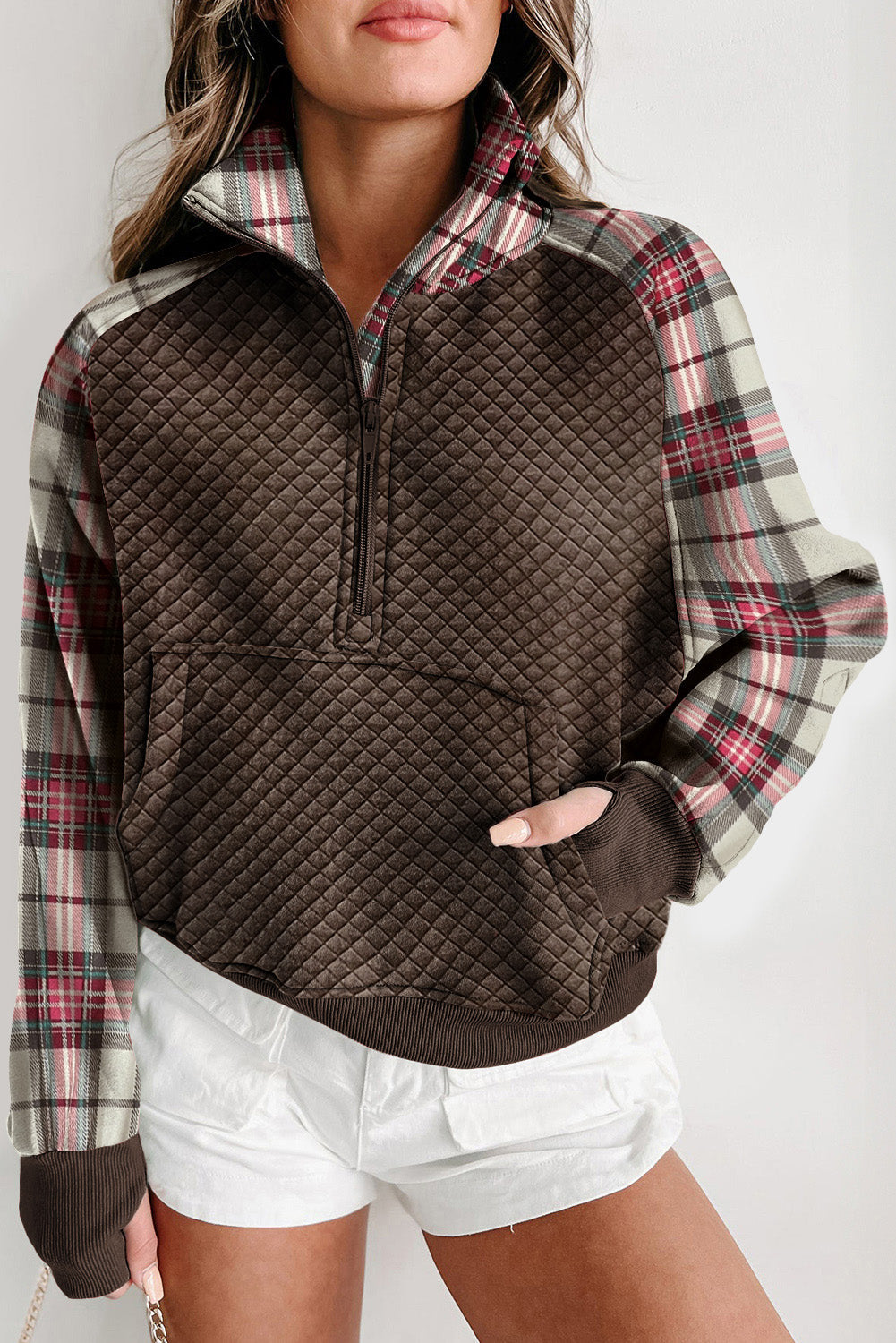 Khaki Printed Plaid Sleeve Patchwork Collared Textured Sweatshirt eAura