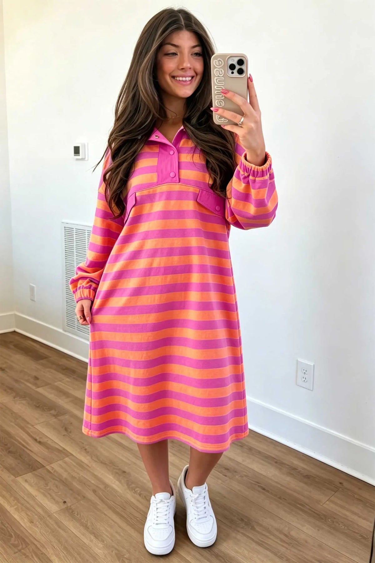 Midi dress Polo Neck Long Sleeve Stripe Dress