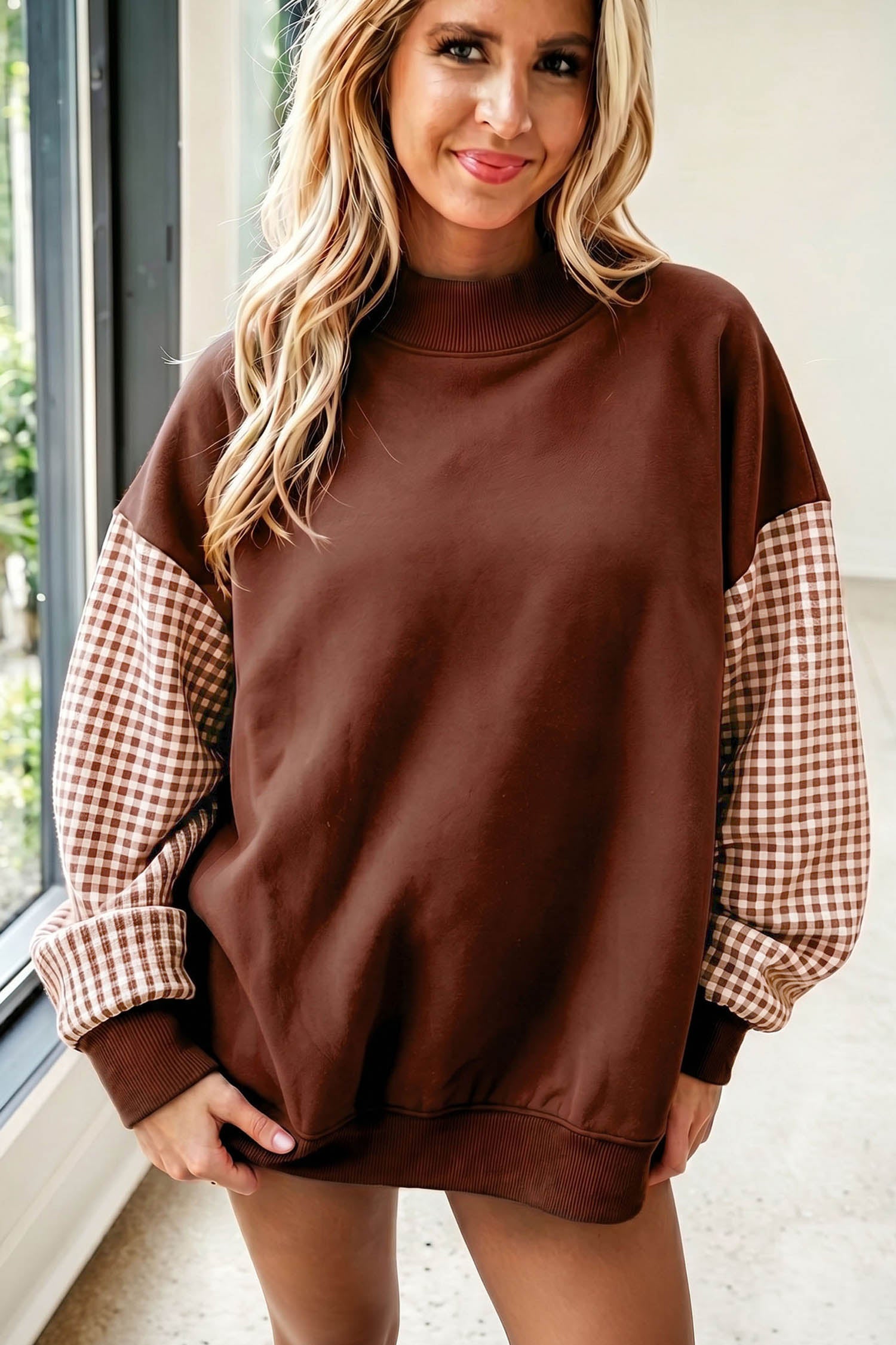Plaid Sleeve Colorblock Loose Tunic Sweatshirt – Fiery Red