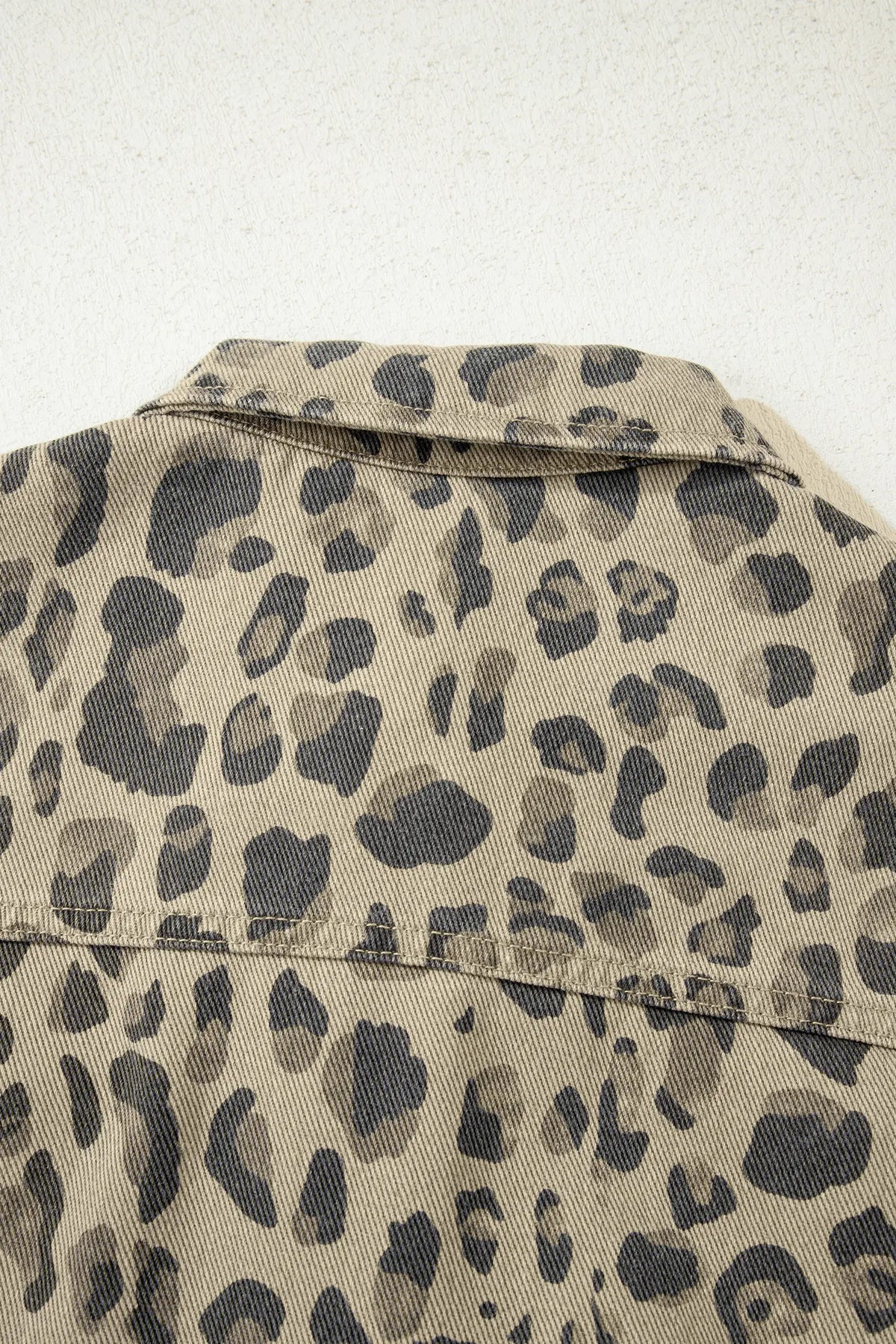 Khaki Retro Leopard Print Seam Detail Button Down Denim Jacket