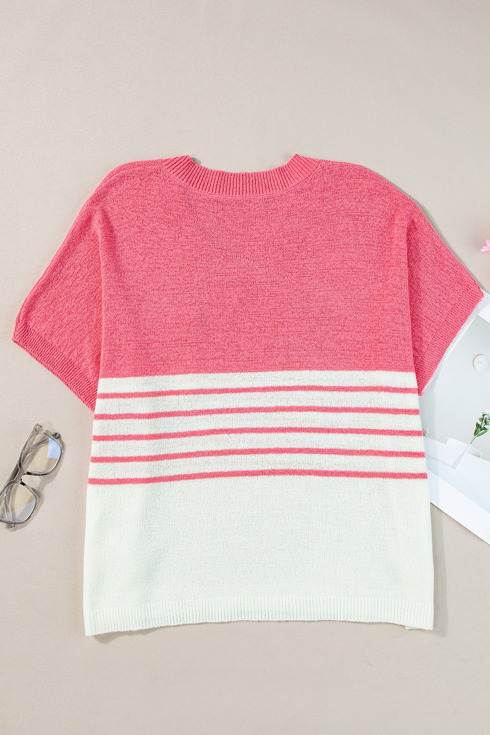 Strawberry Pink Contrast Stripes V Neck Knitted Short Sleeve Top eAura