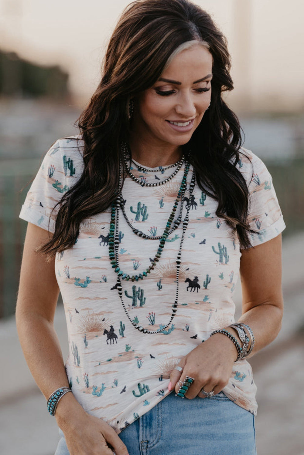 Cactus Print Crew Neck Short Sleeve T-Shirt
