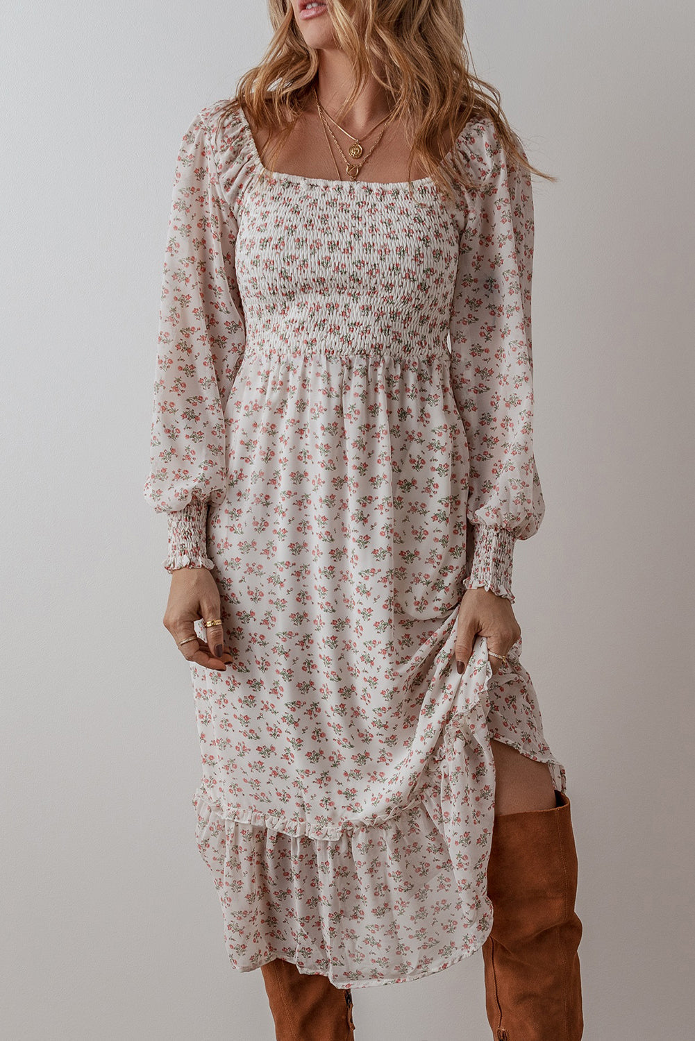 White Floral Print Shirred Ruffled Hem Square Neck Midi Dress eAura