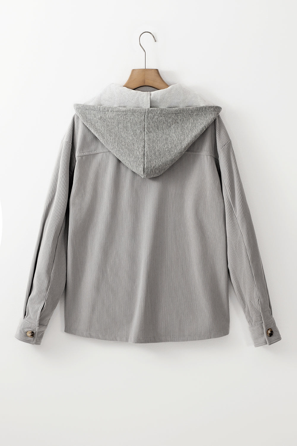 Light Grey Hooded Drawstring Pockets Corduroy Shacket Beagle Boutique Fashion Outlet