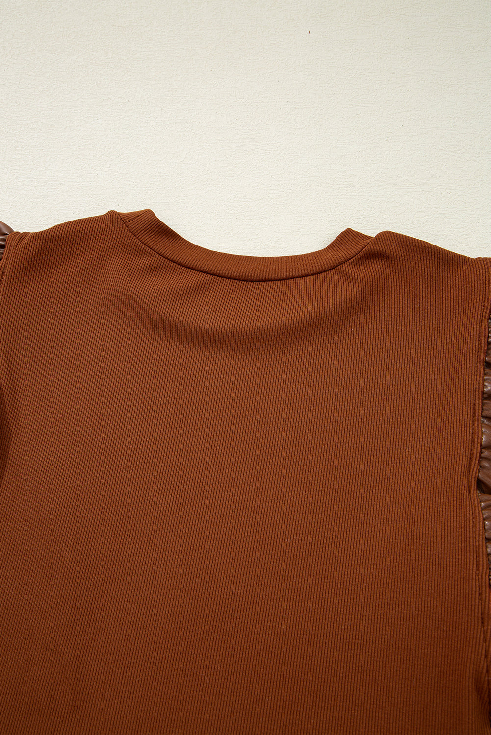 Cinnamon Leather Ruffle Sleeve Patchwork Round Neck Blouse eAura