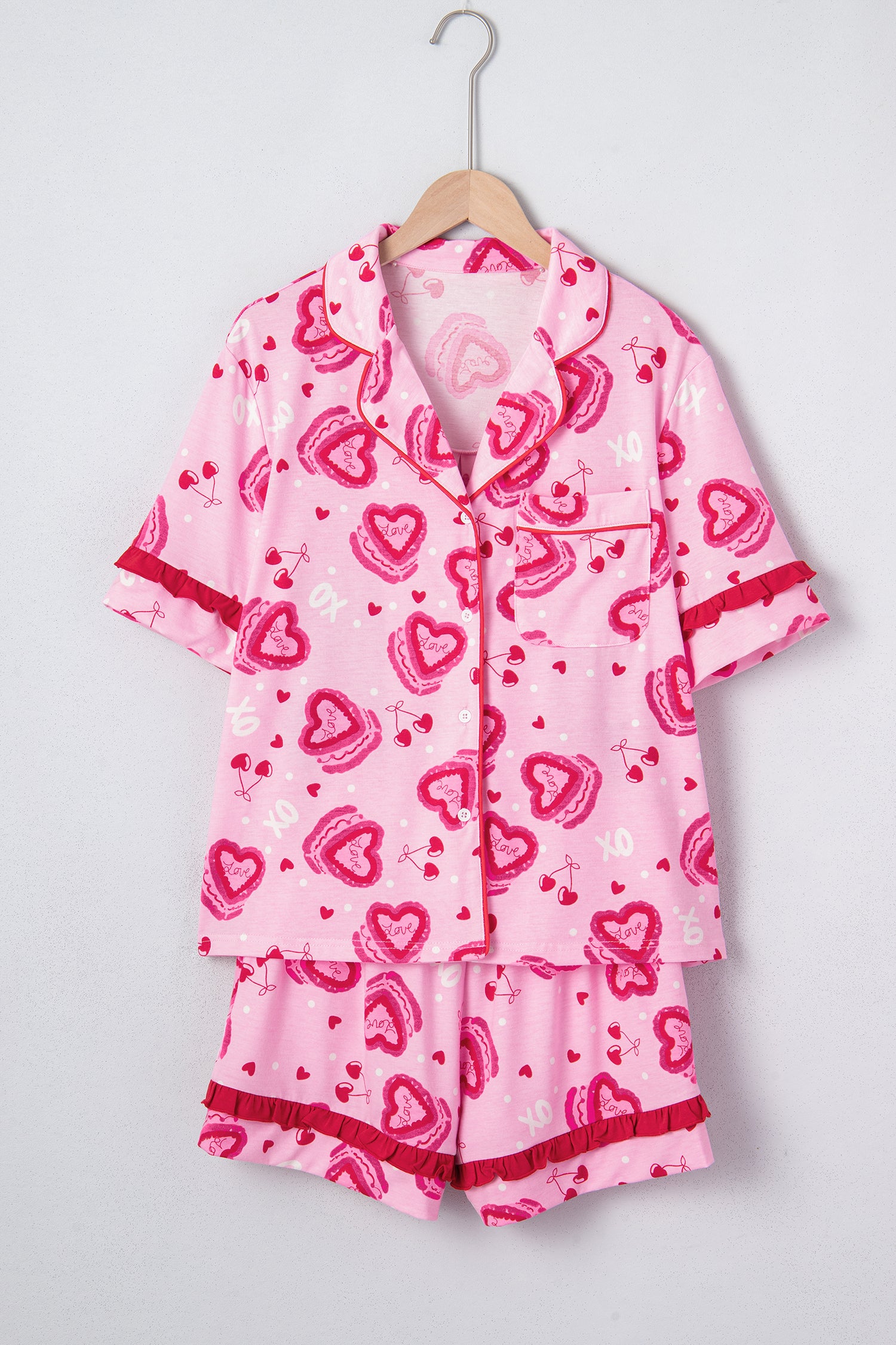 Sweet Heart Cake Print Contrast Ruffle Trim Valentines 2pcs Pajama Set – Pink