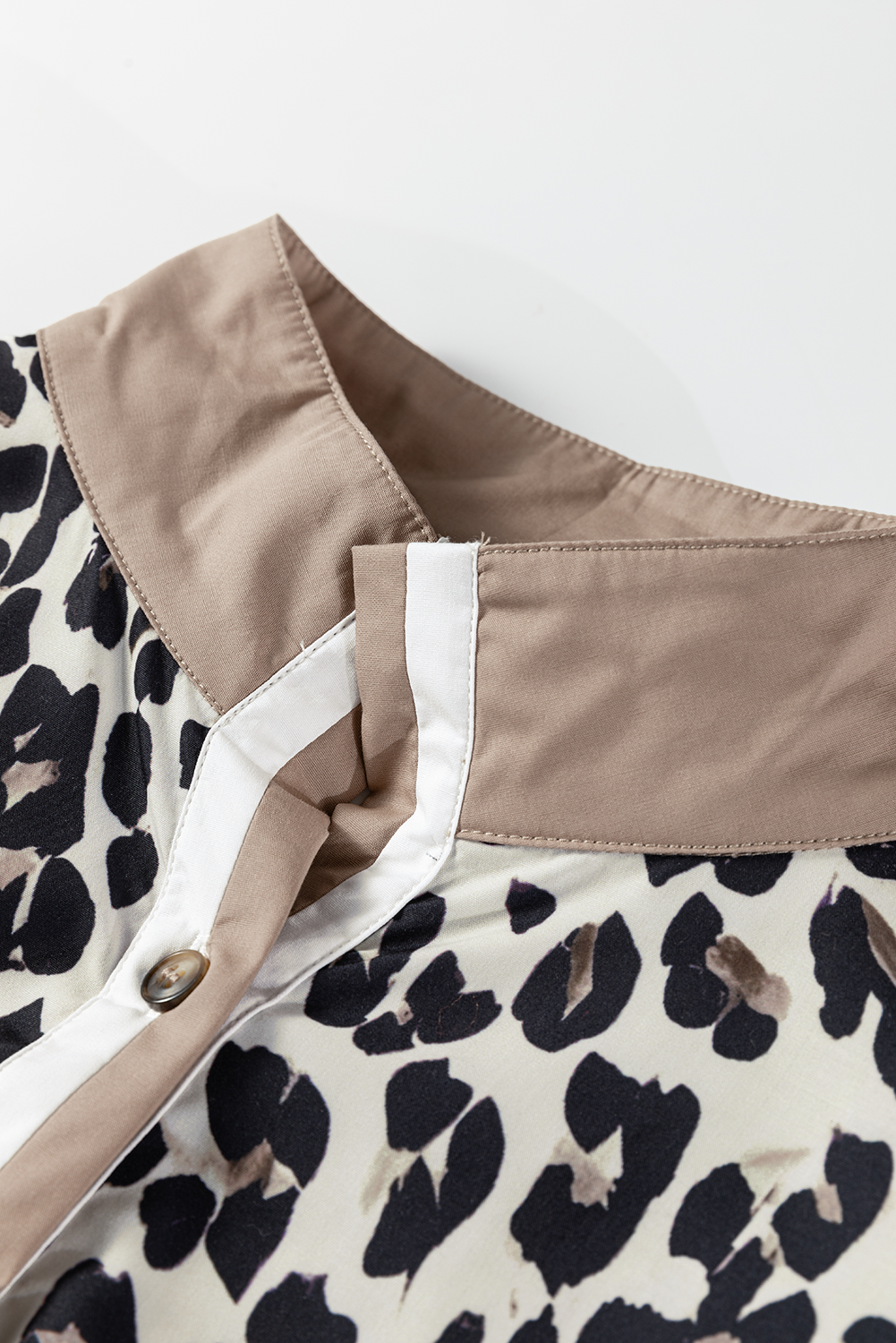 Leopard Print Contrast Patchwork Cuffs Button Collared Top - eAura