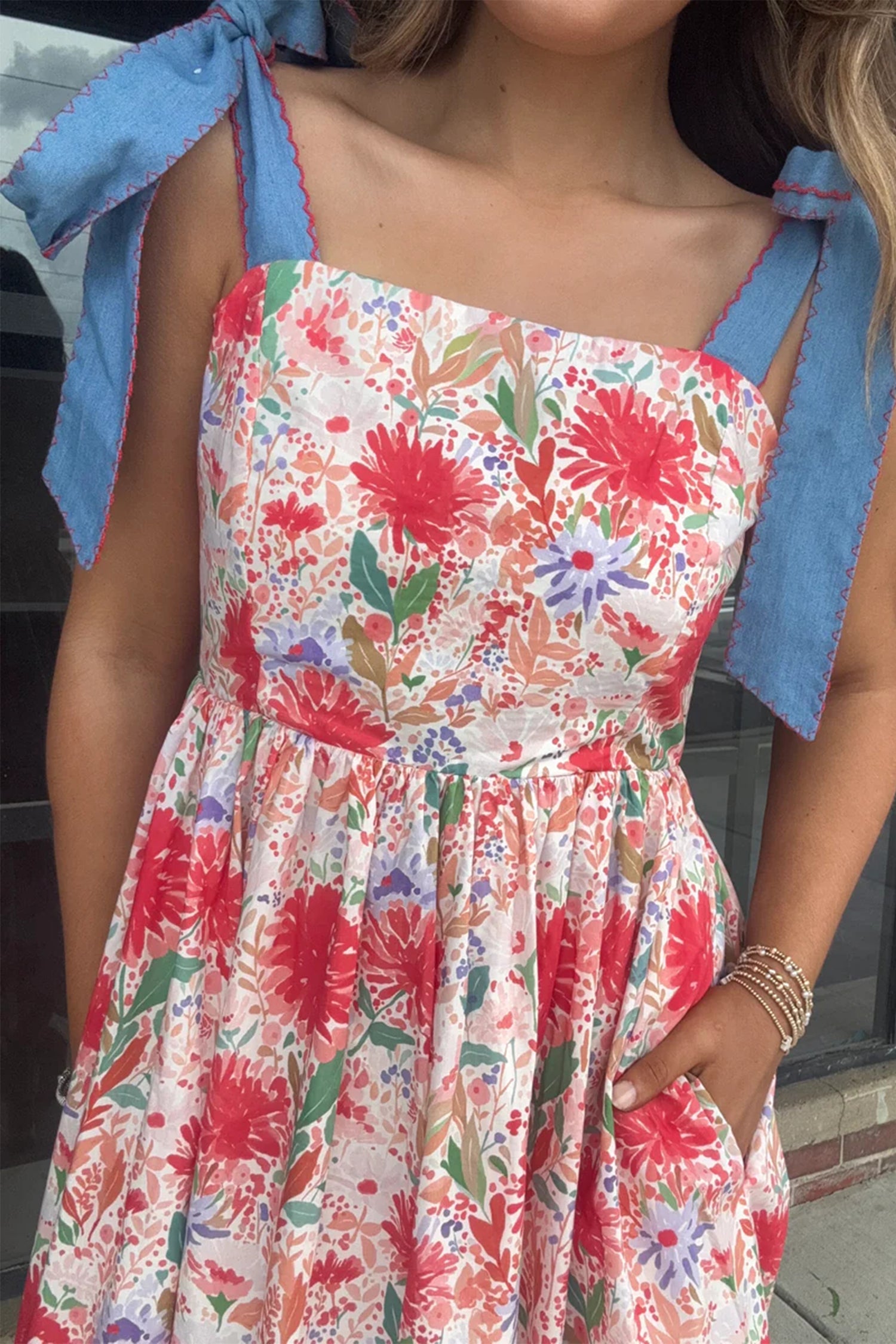 Floral Print Contrast Stitched Knot Denim Straps Maxi Dress