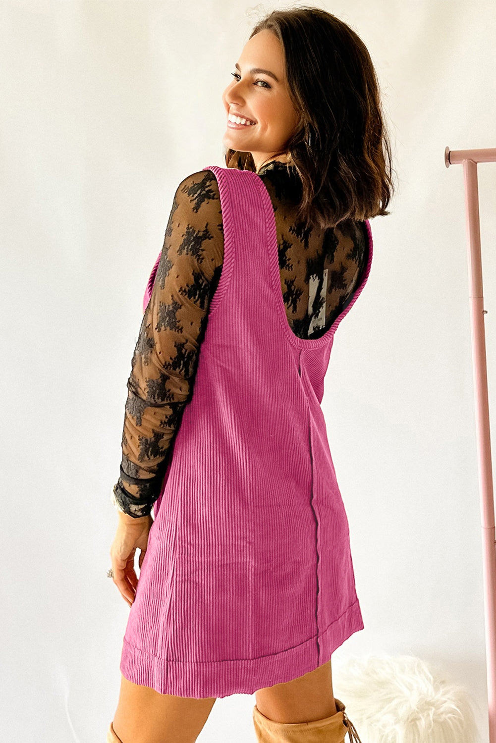Soft Corduroy Sleeveless Mini Dress With Patched Pockets - eAura