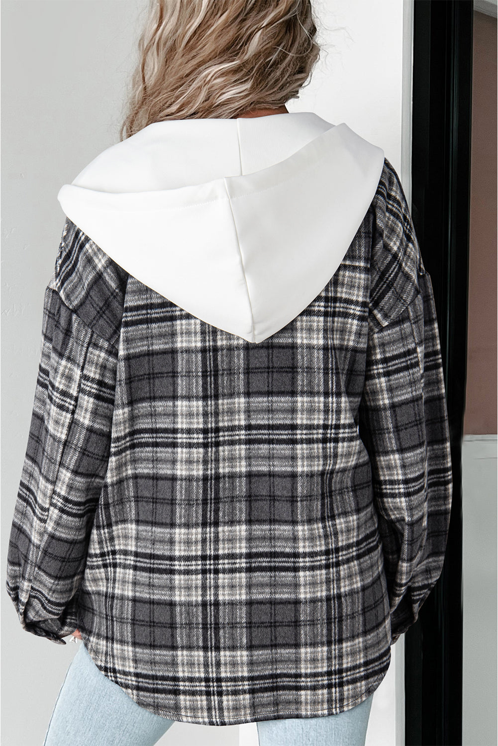 Black Plaid Print Flap Pockets Contrast Hooded Loose Shacket BB Fashion Outlet
