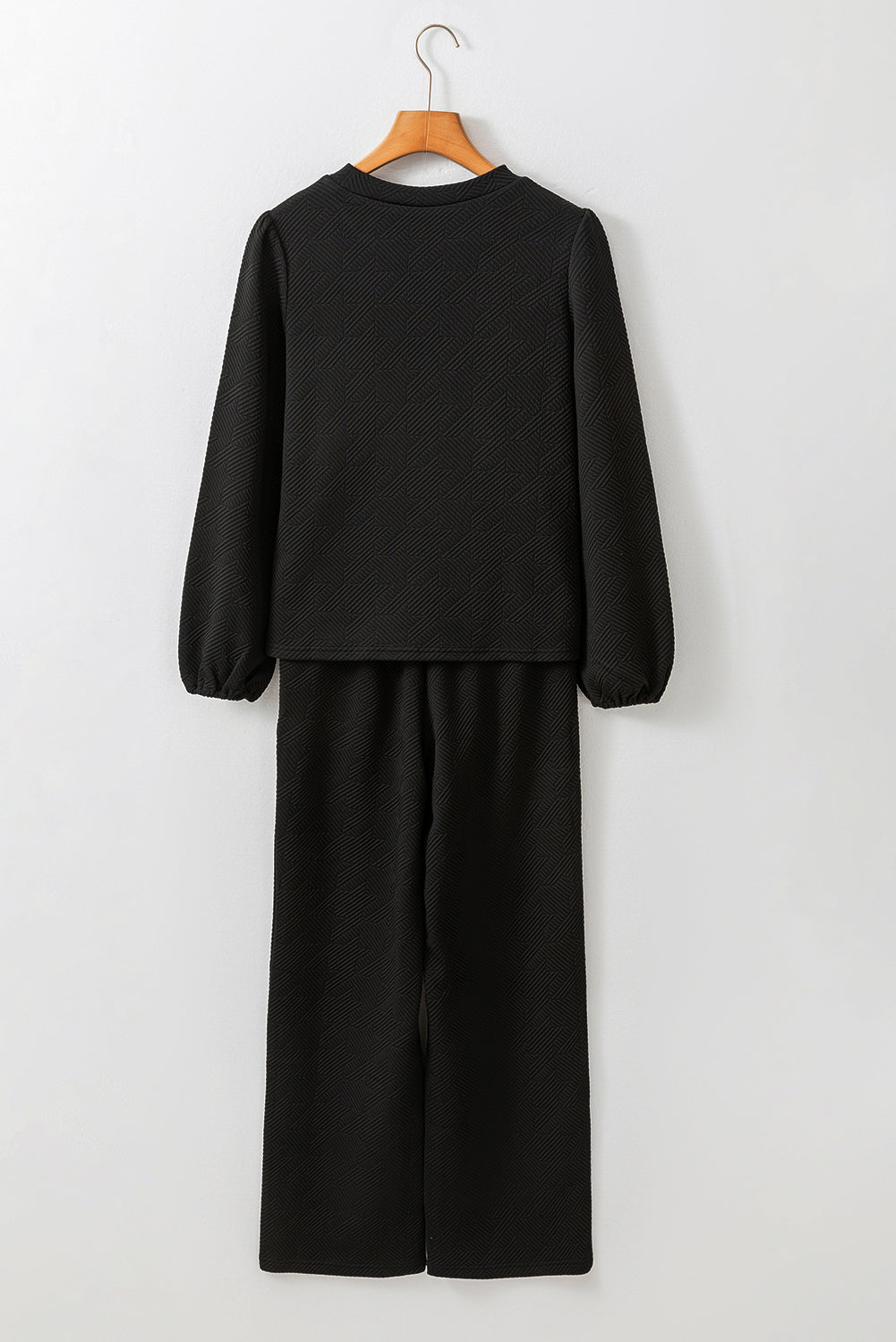 Black Textured Puff Sleeve Top and Trousers Set eAura
