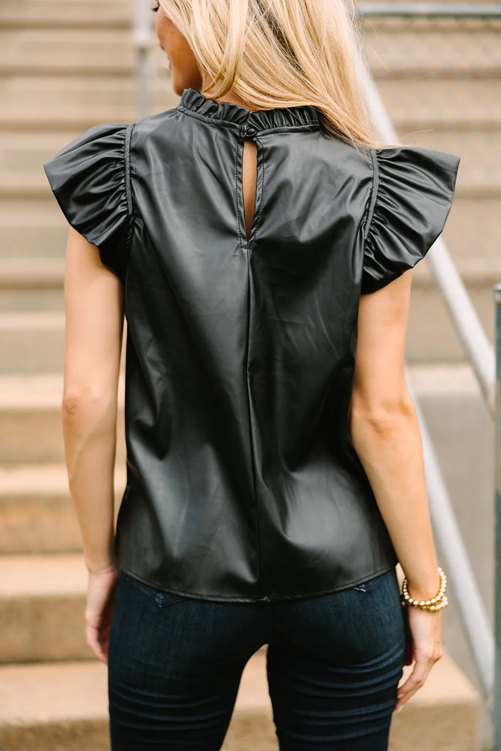 Black PU Leather Frilly Ruffle Trim Blouse eAura