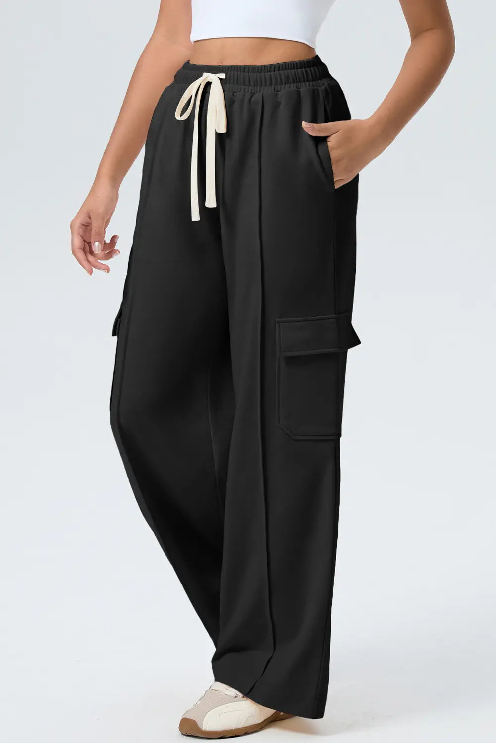 Solid Colour Drawstring Elastic Waist Cargo Patch Pocket Active Pants