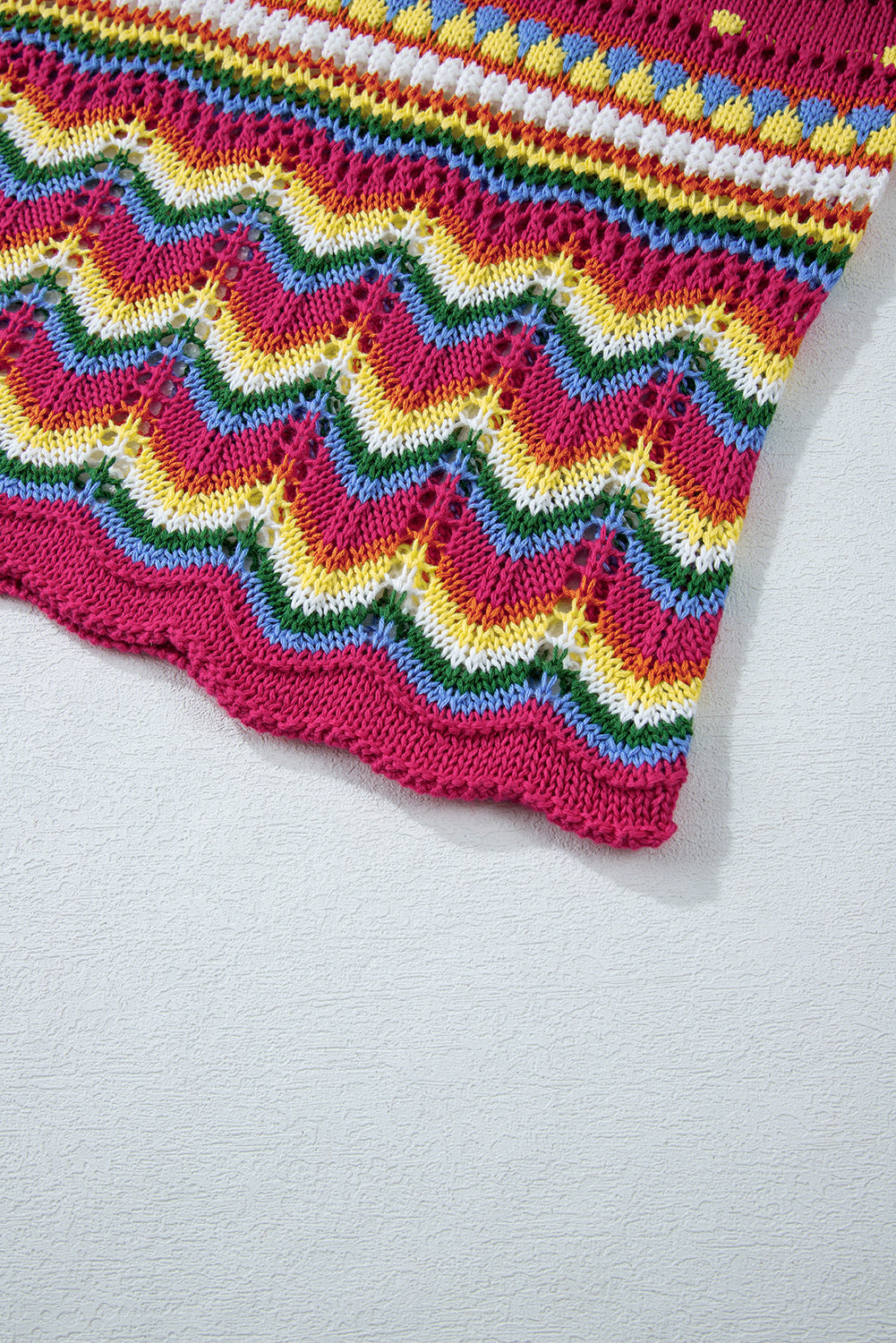 Rose Red Colourblock Striped Hollowed Knit Loose Sleeve Sweater eAura