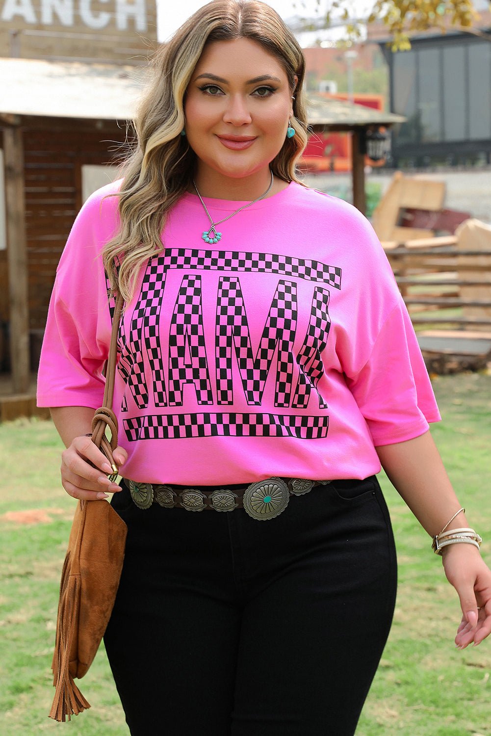 Bright Pink Checker MAMA Letter Printed Graphic Plus Size T Shirt BB Fashion Outlet