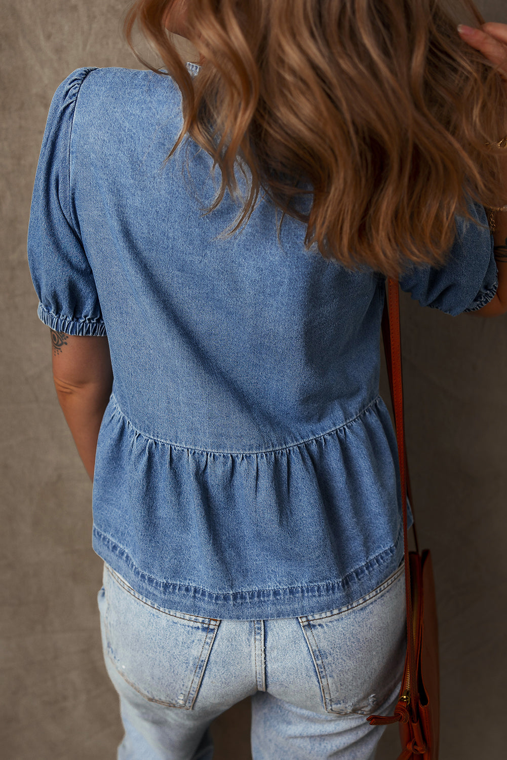 Dusk Blue Tied Front Bubble Sleeve Peplum Denim Shirt eAura