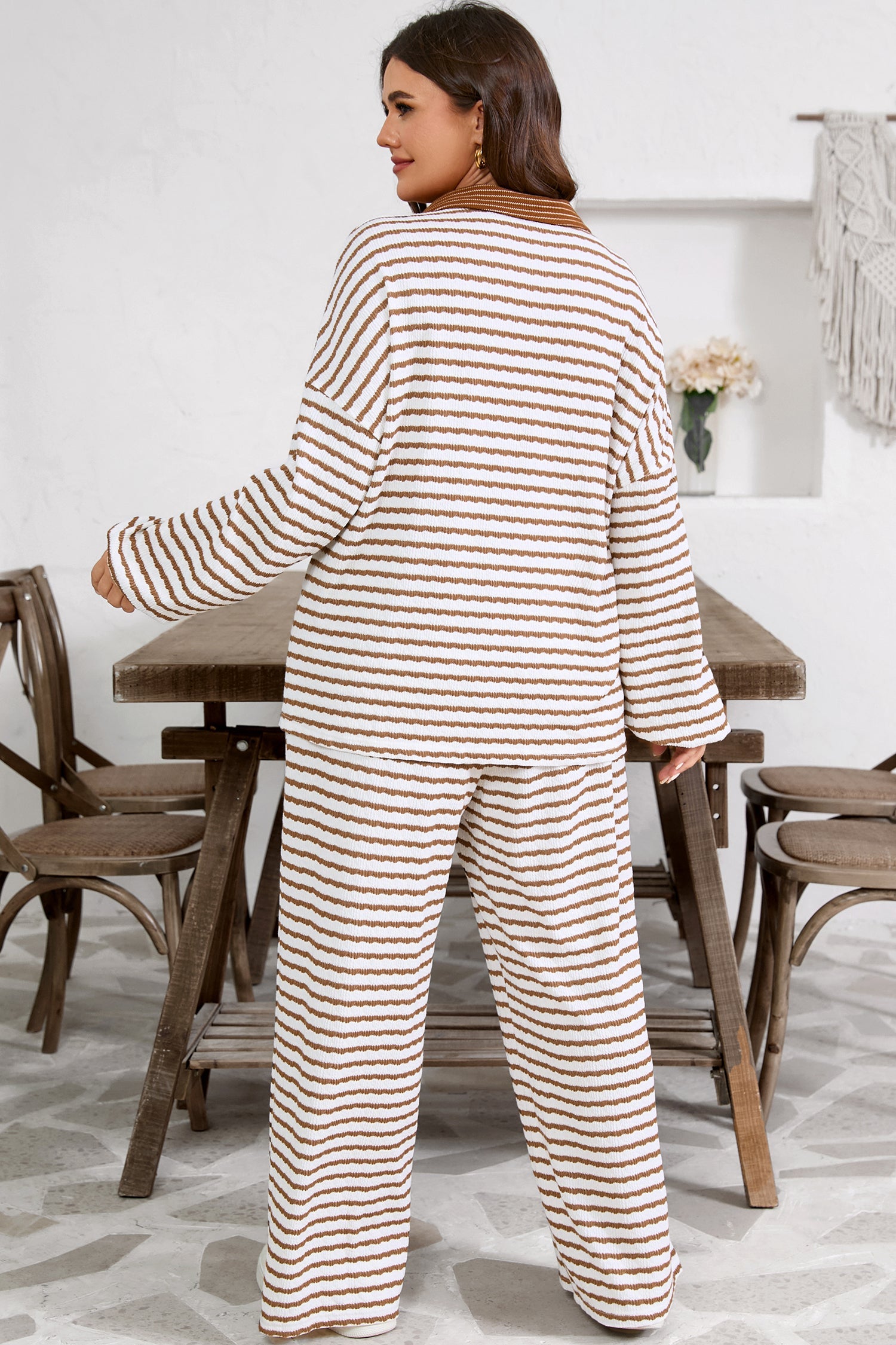 Stripe Plus Size Collared V-Neck Oversized Pullover Drawstring Elastic Waist Wide Leg Pant Co-ord Set - eAura