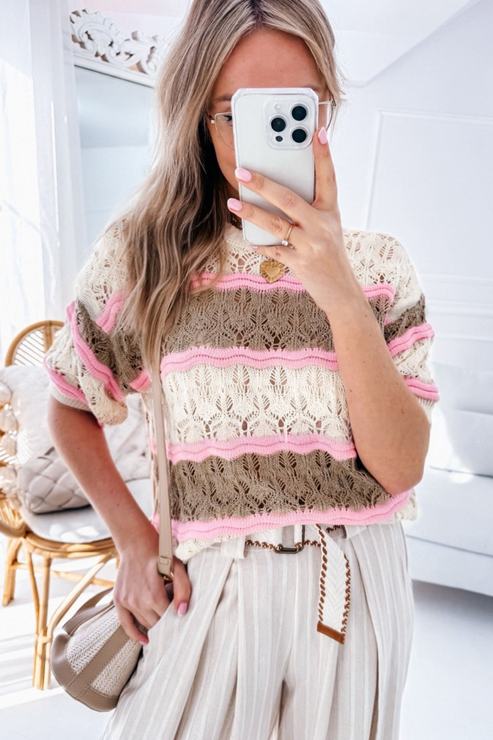 Brown Stripe Colour Block Hollow Out Crochet Half Sleeve Sweater eAura