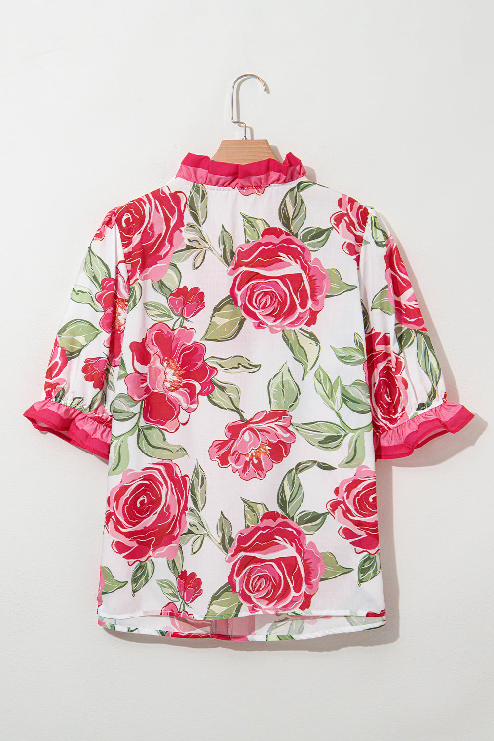 Plus Size Floral Print Frilled Stripe Short Sleeve Blouse – Rose
