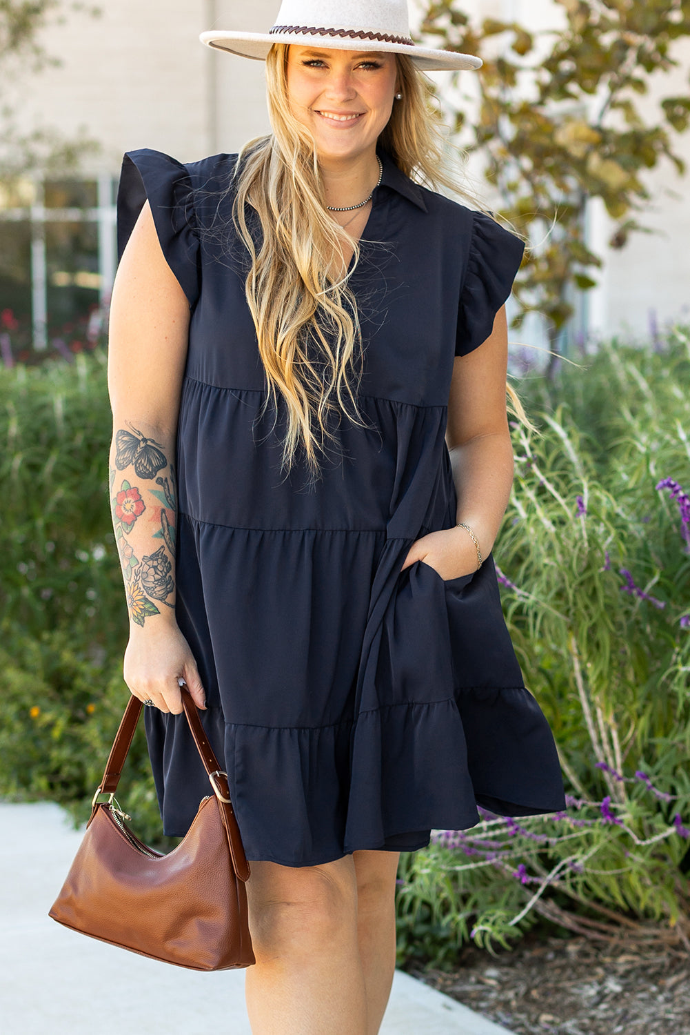 Navy Blue Collared V Neck Flutter Sleeve Tiered Plus Size Dress BB Fashion Outlet