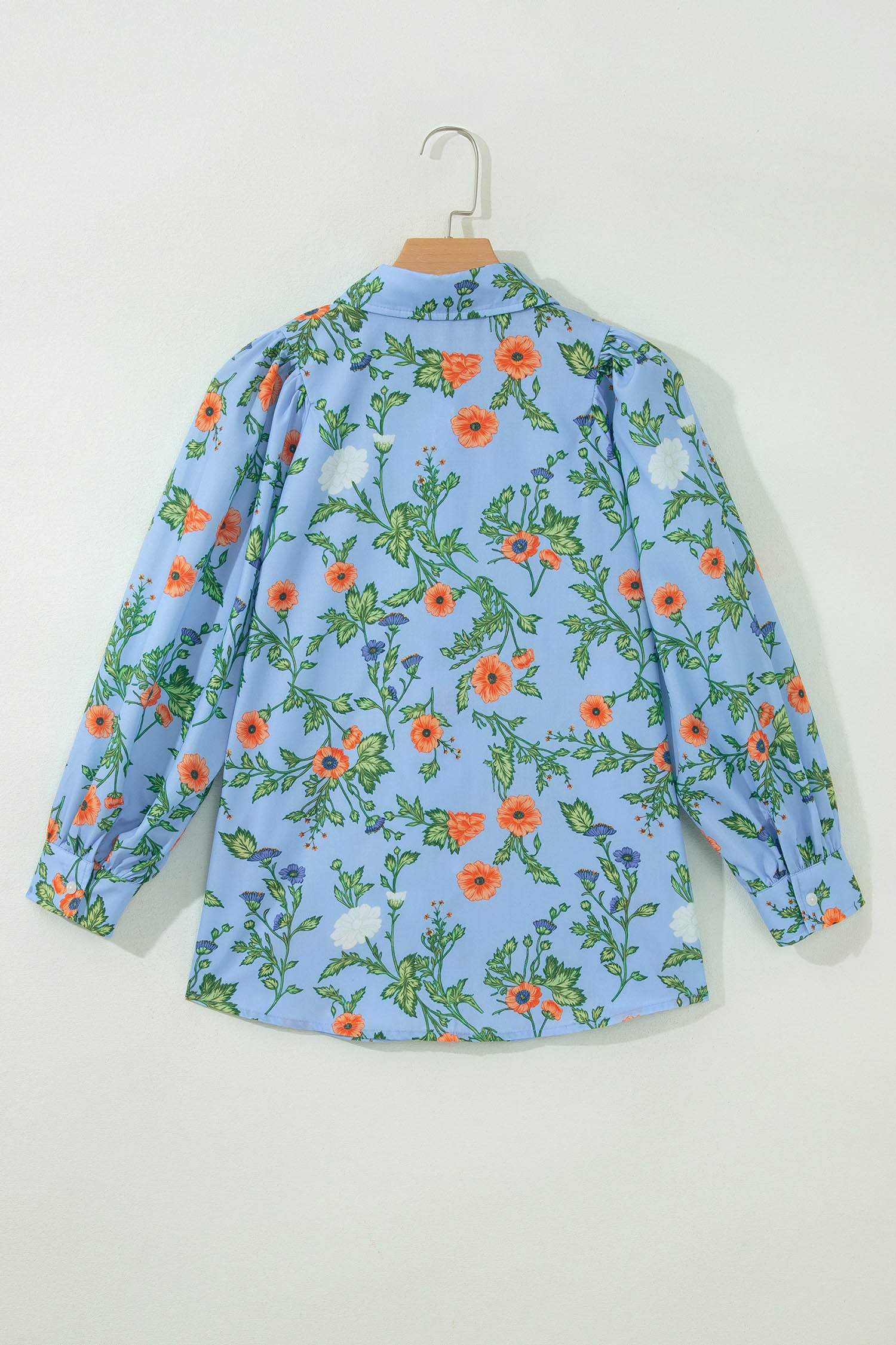 Sky Blue Floral Print Bracelet Sleeve Button Down Casual Shirt – Light Blue