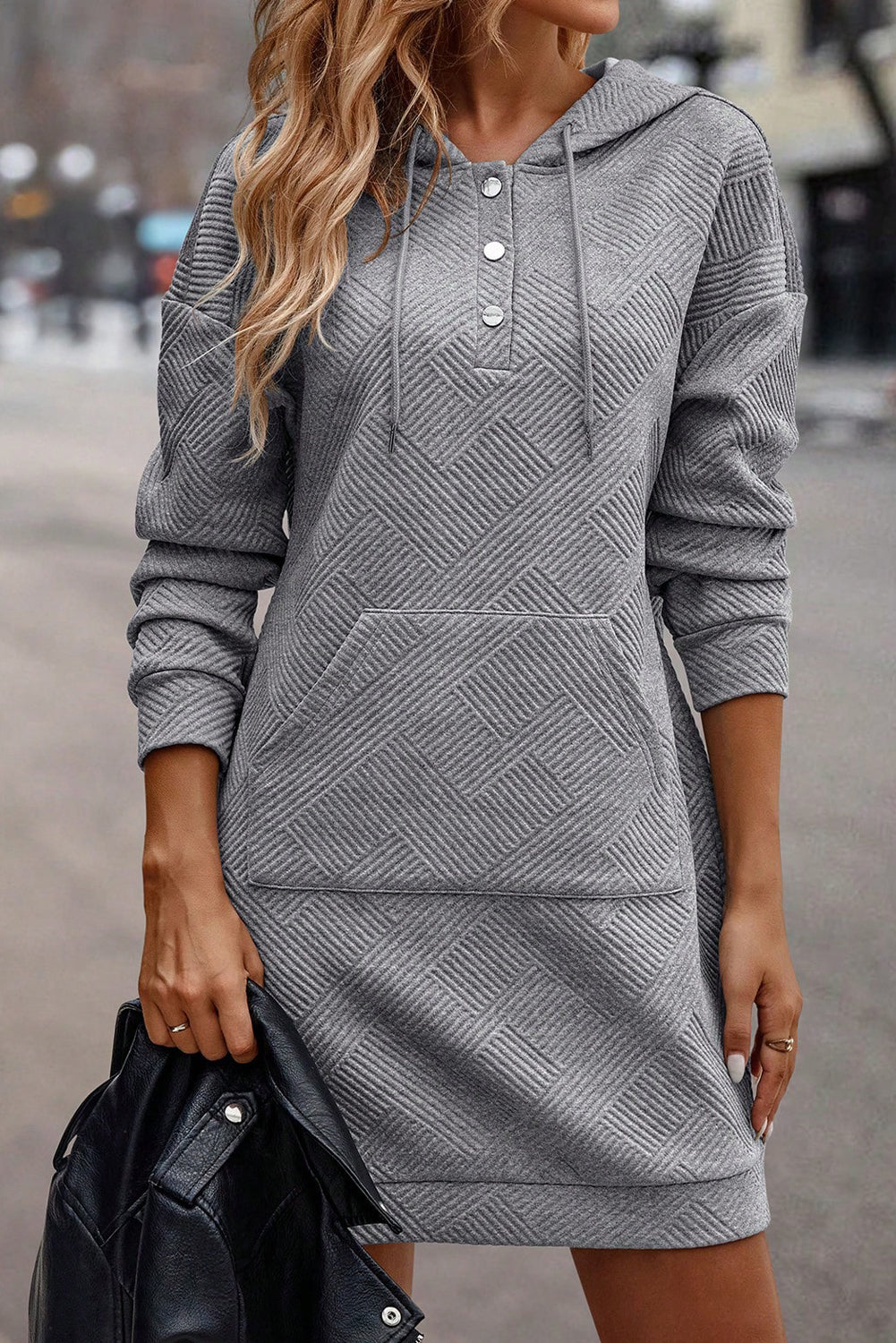 Grey Textured Kangaroo Pocket Drawstring Hooded Mini Dress eAura