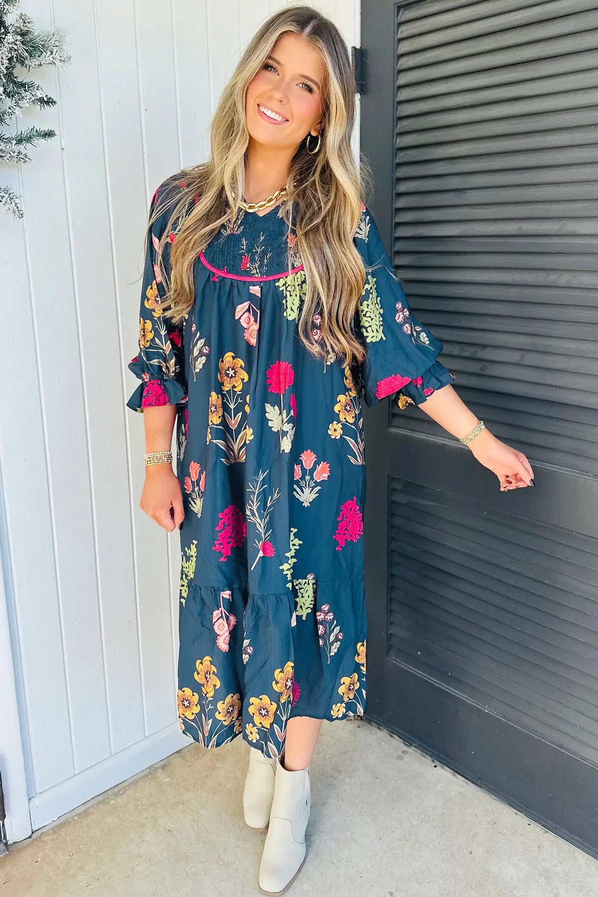 Floral Print Gathered Neckline 7/8 Sleeve Casual Midi Dress