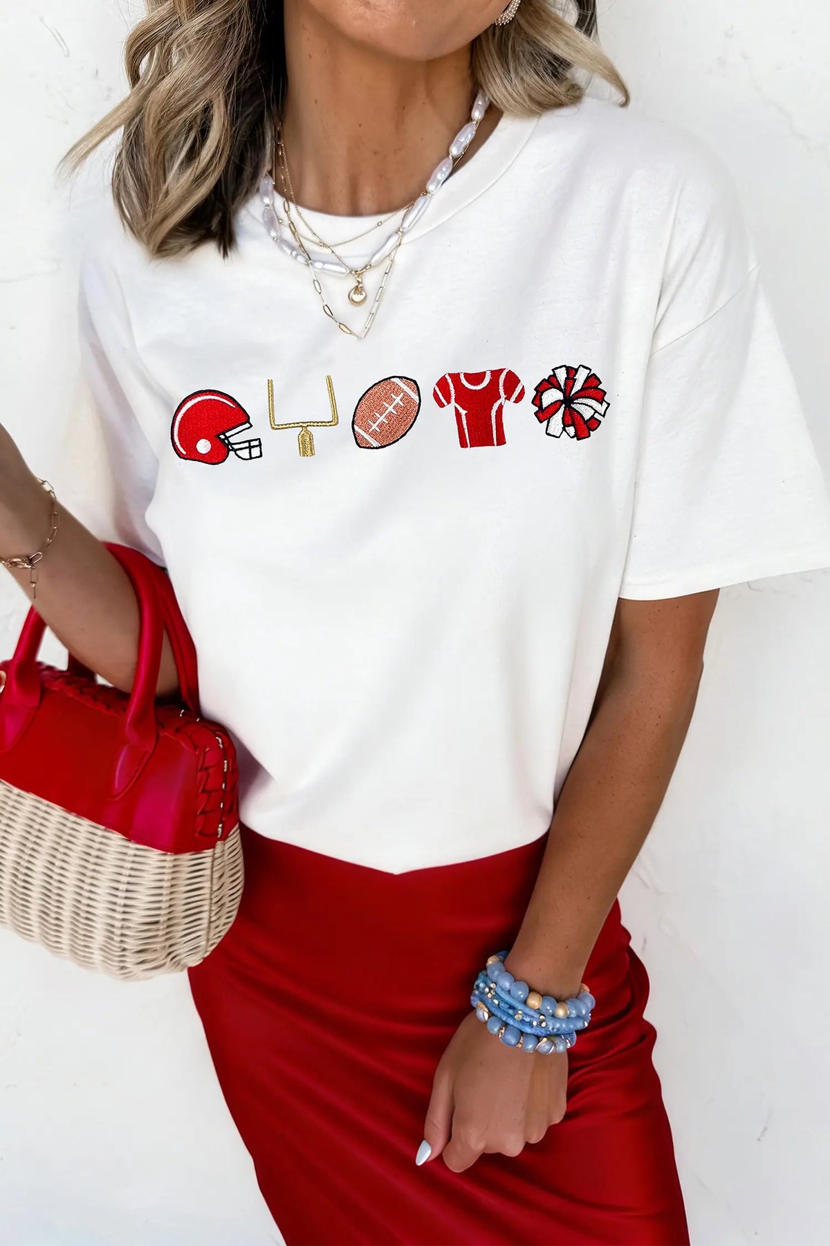 Embroidered Game Day Theme Football Graphic Tee – White