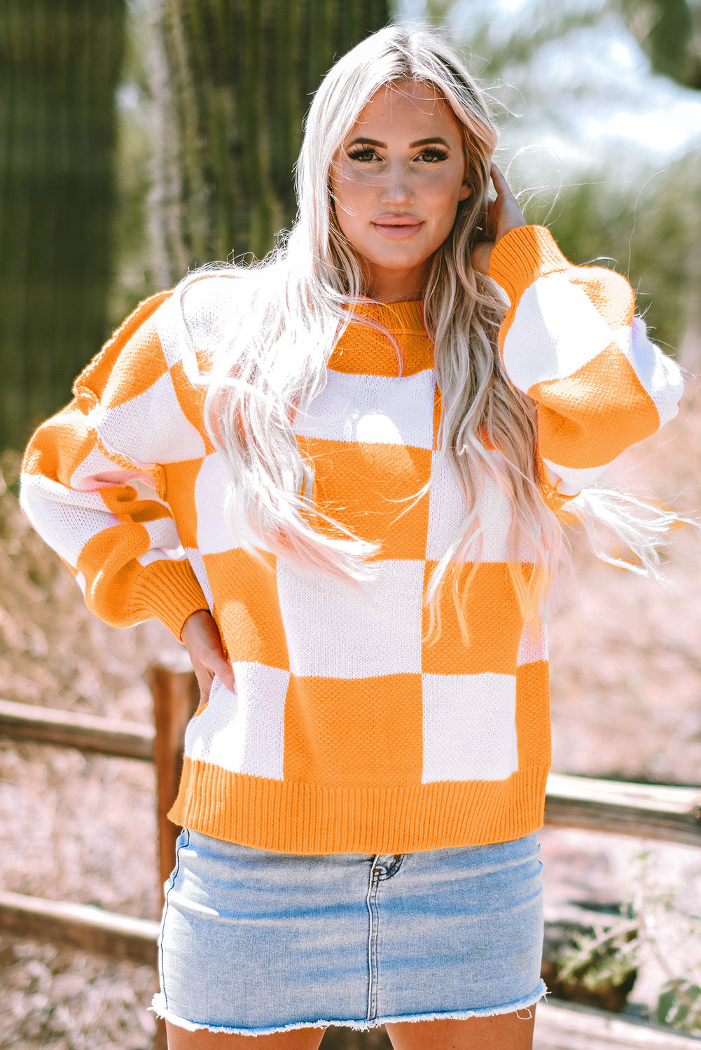 Orange Checkered Bishop Sleeve Sweater eAura
